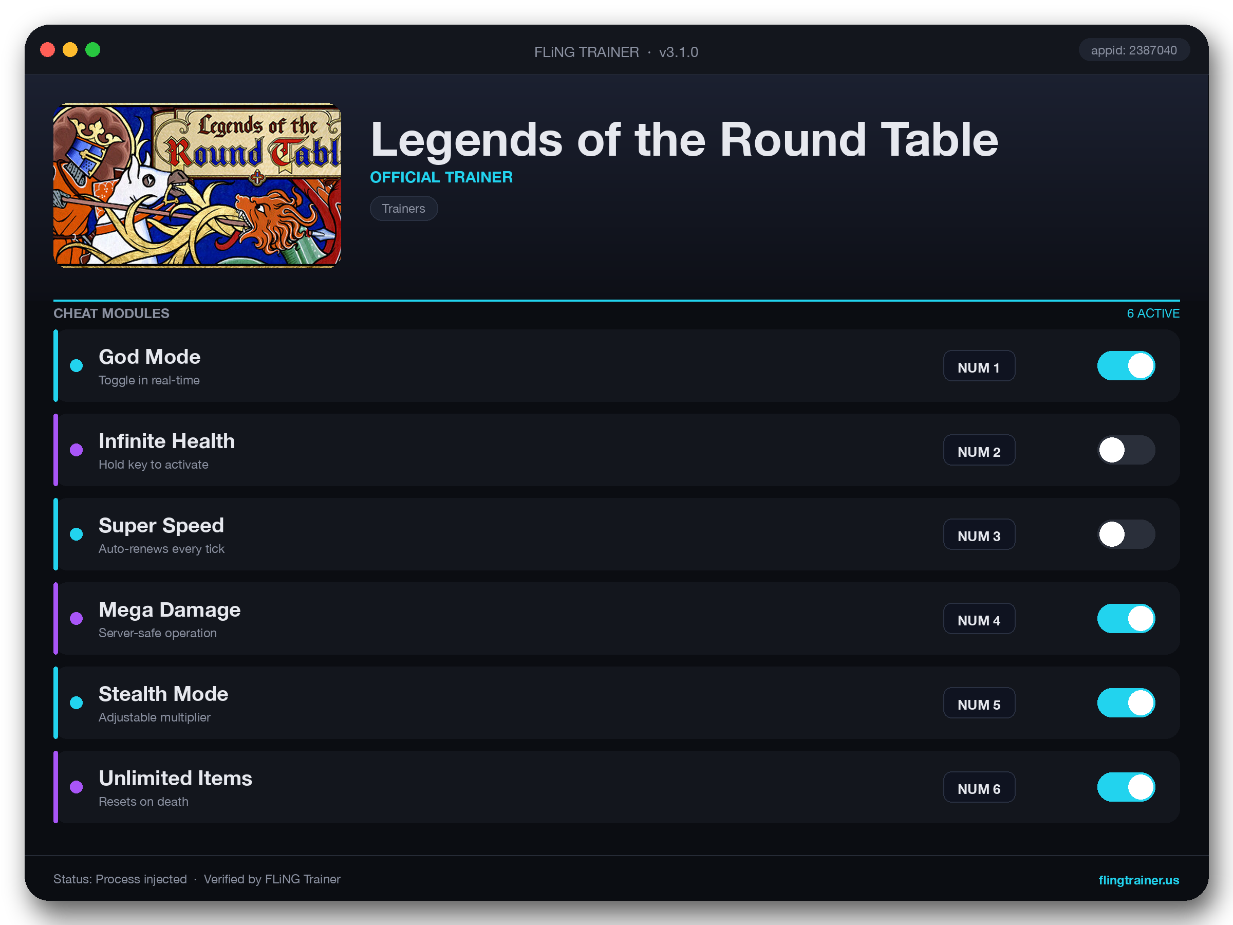 Legends of the Round Table Trainer interface