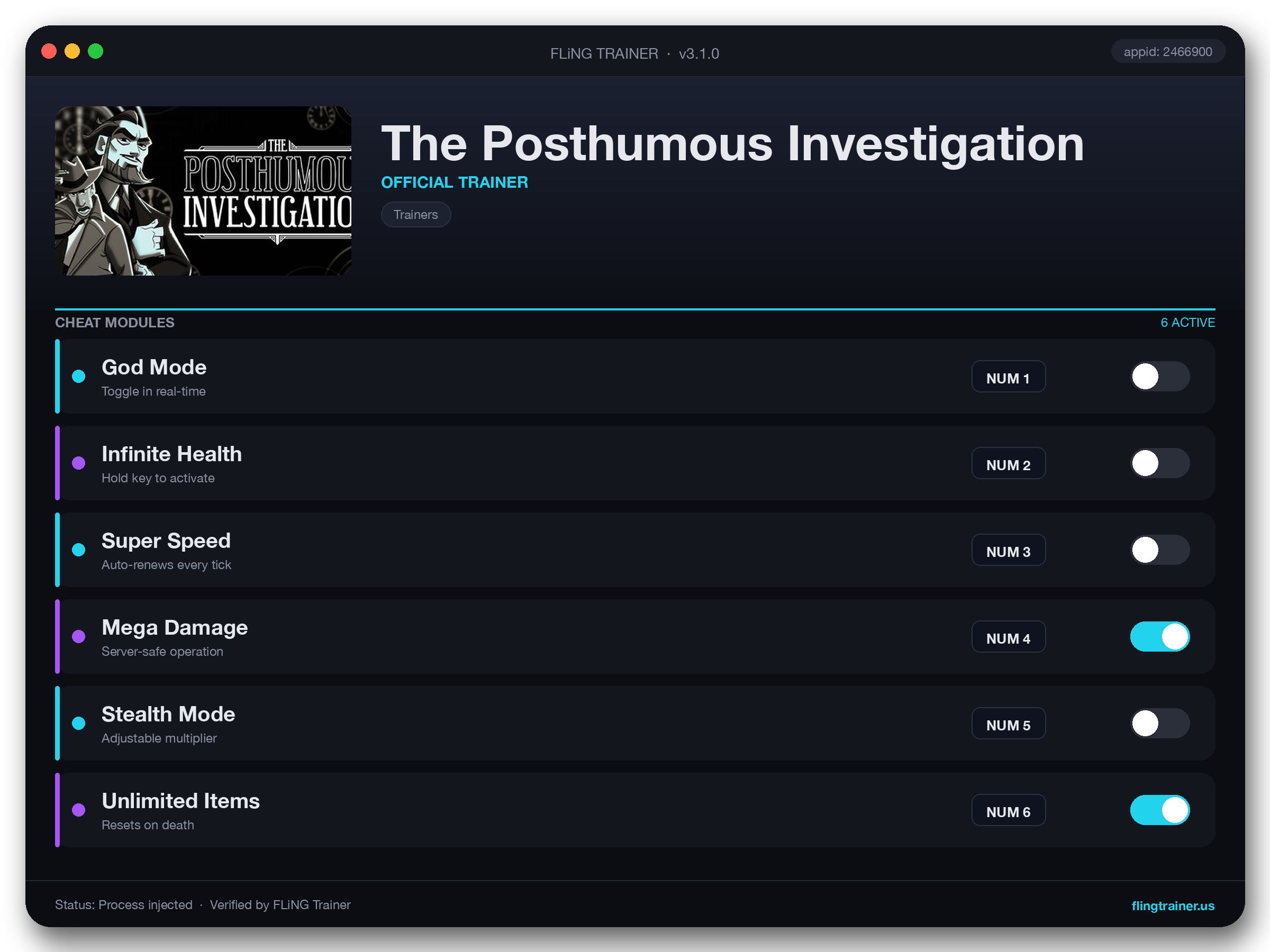The Posthumous Investigation Trainer interface