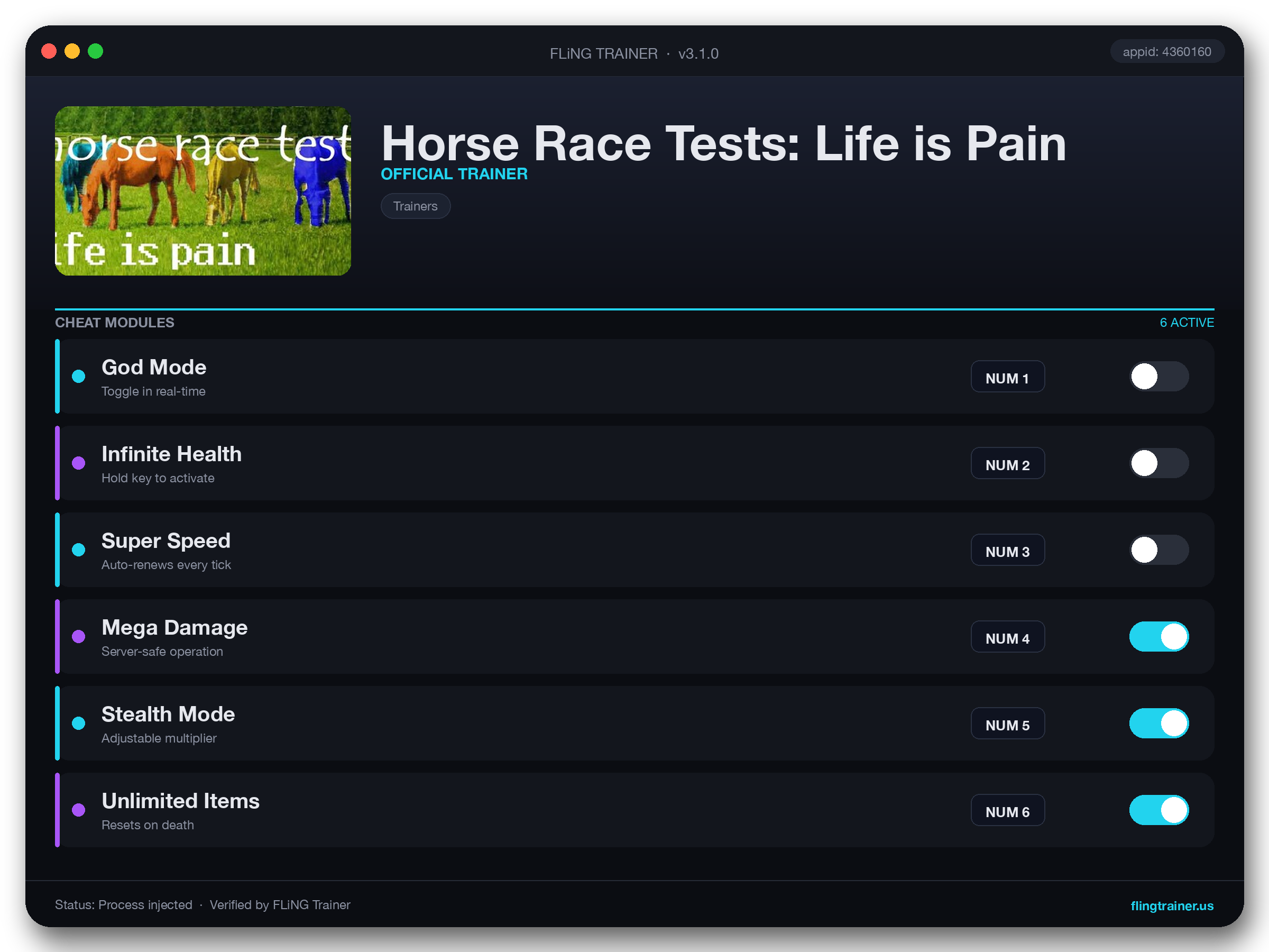 Horse Race Tests: Life is Pain Trainer interface