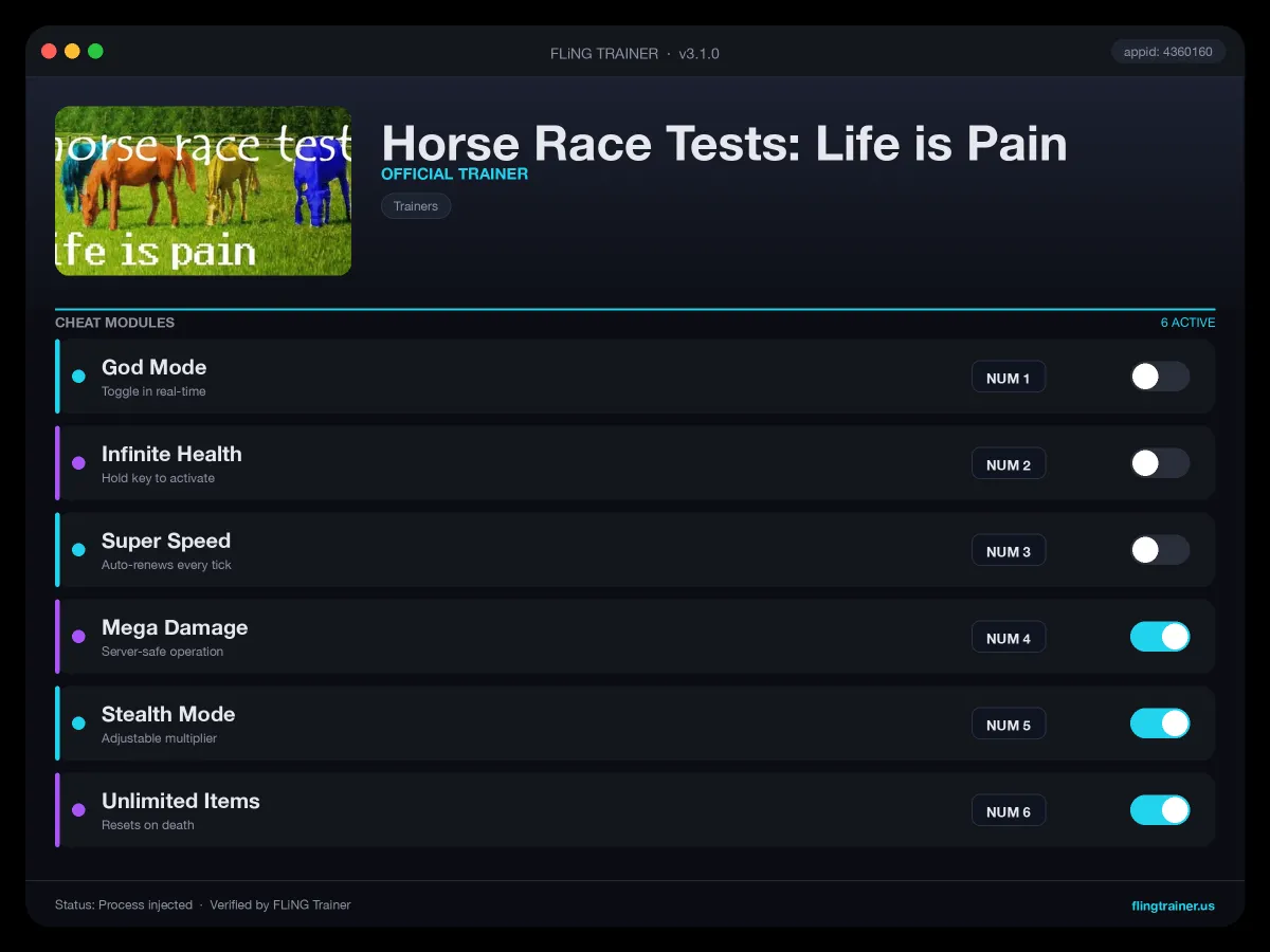Horse Race Tests: Life is Pain Trainer interface