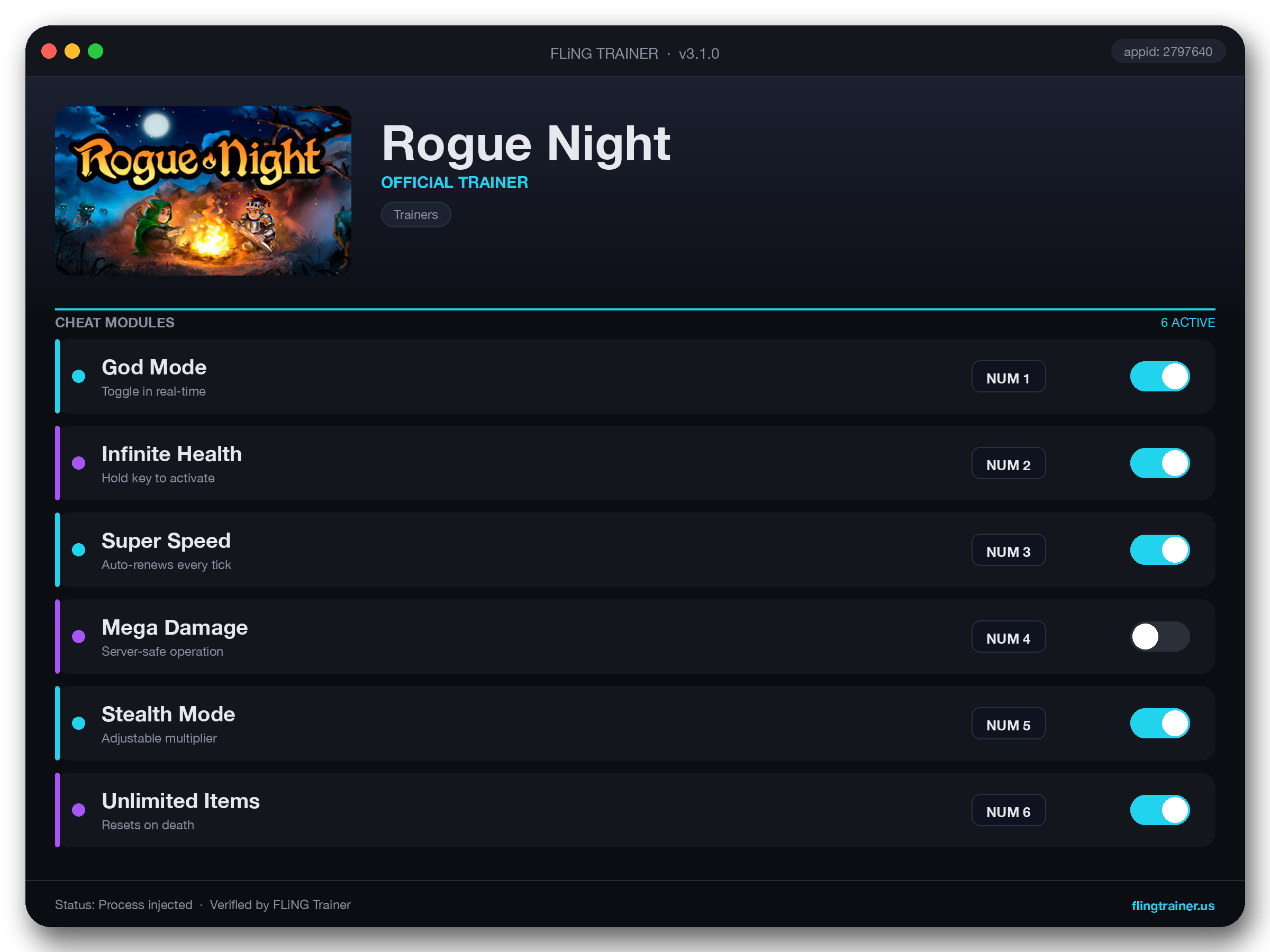 Rogue Night Trainer interface