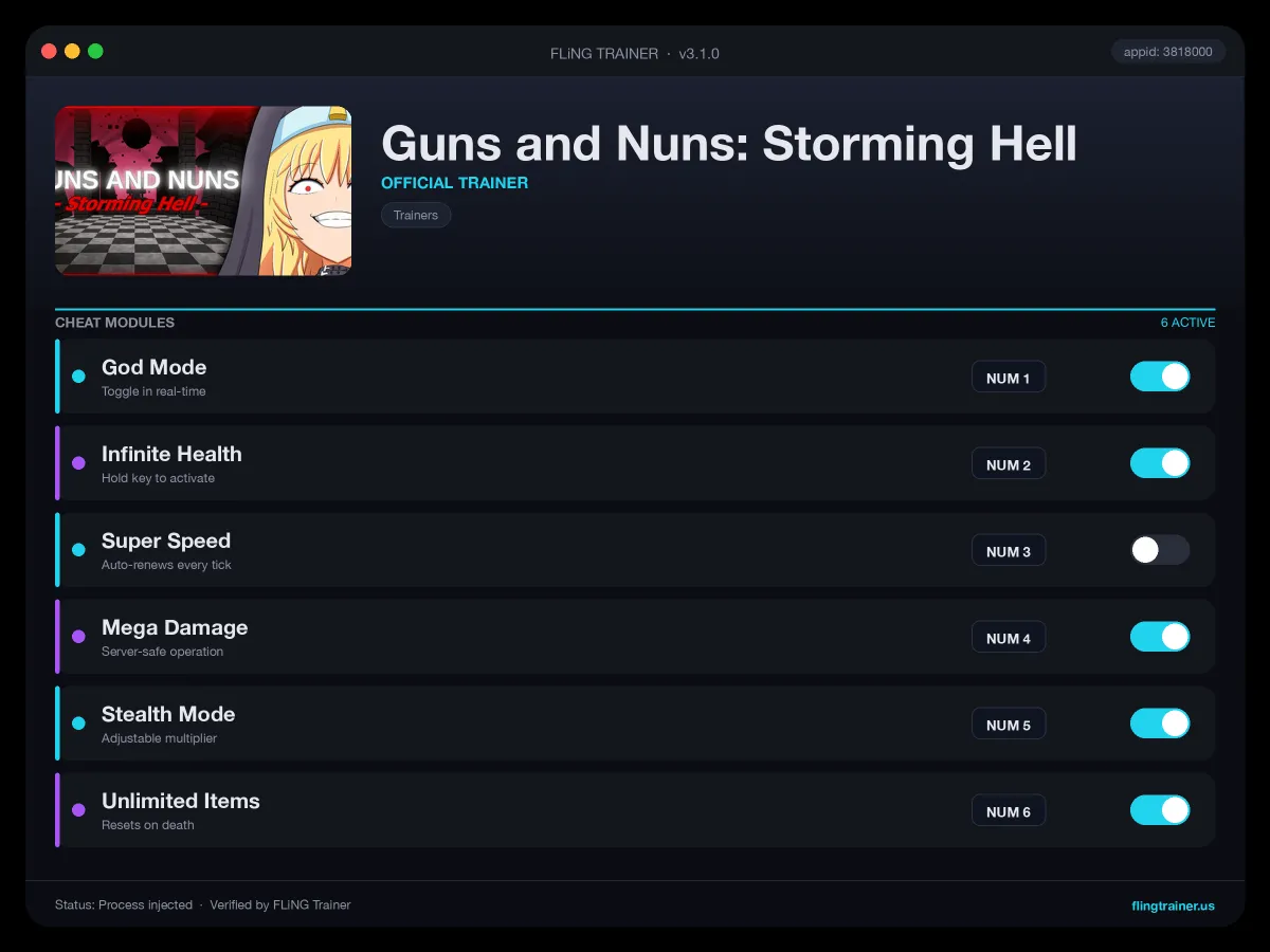 Guns and Nuns: Storming Hell Trainer interface