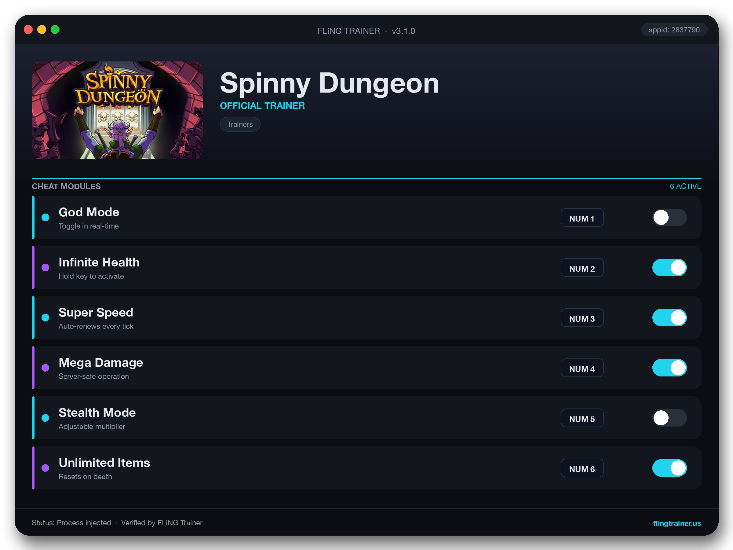 Spinny Dungeon Trainer interface