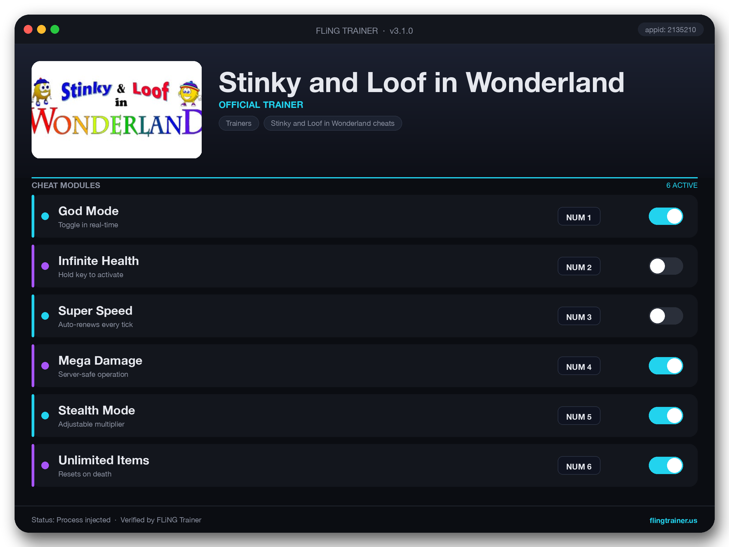 Stinky and Loof in Wonderland Trainer interface