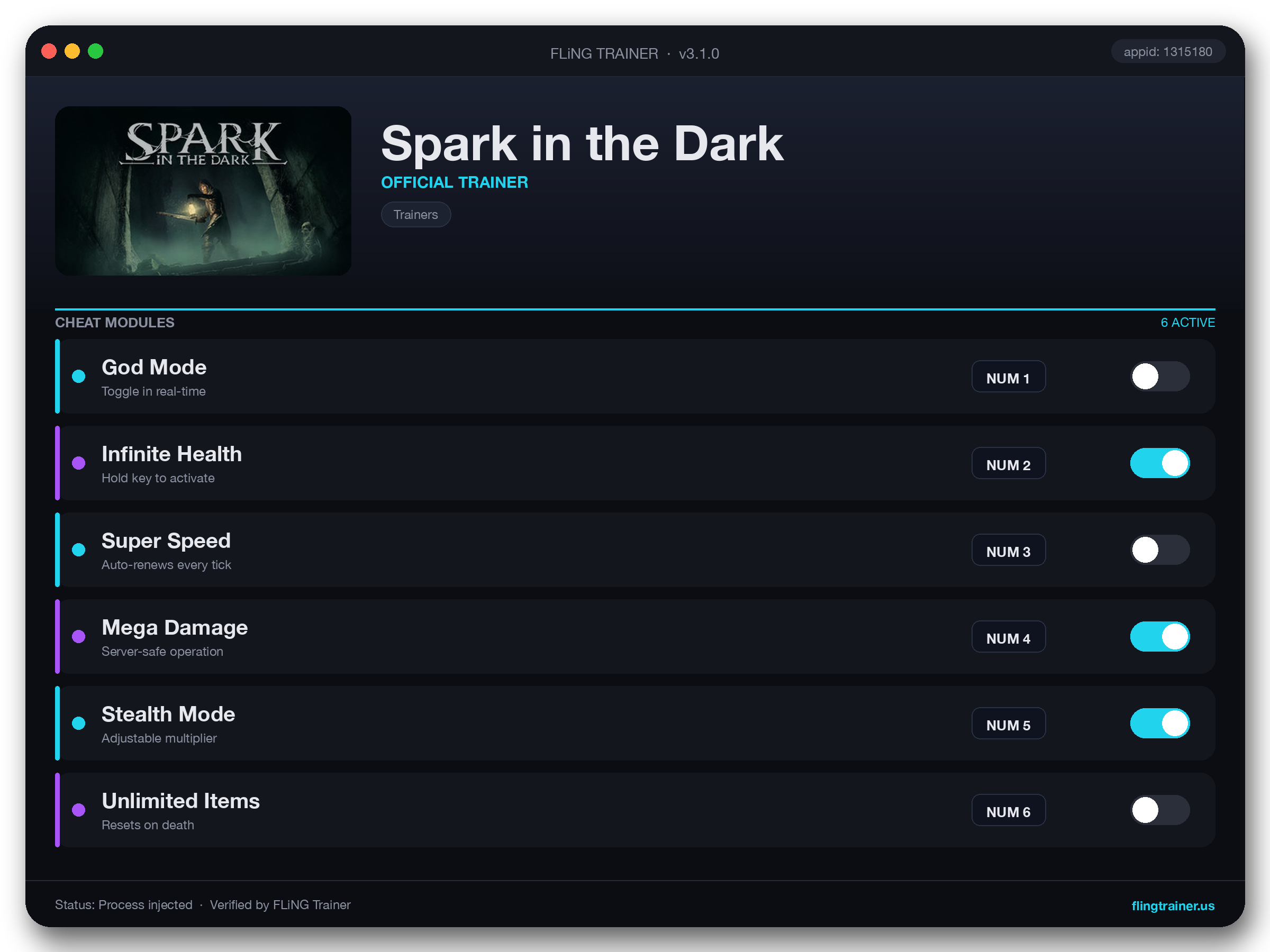 Spark in the Dark Trainer interface