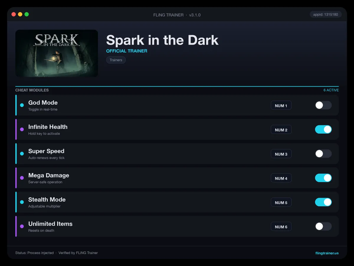 Spark in the Dark Trainer interface