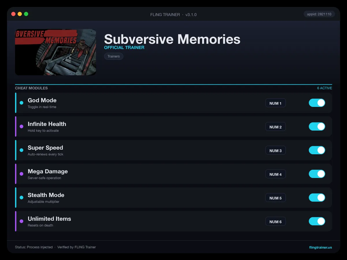 Subversive Memories Trainer interface