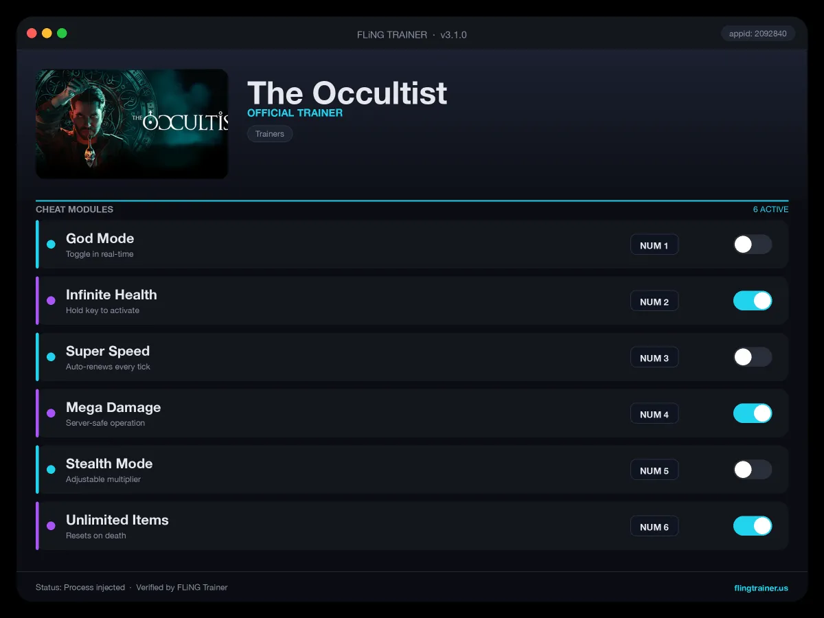 The Occultist Trainer interface