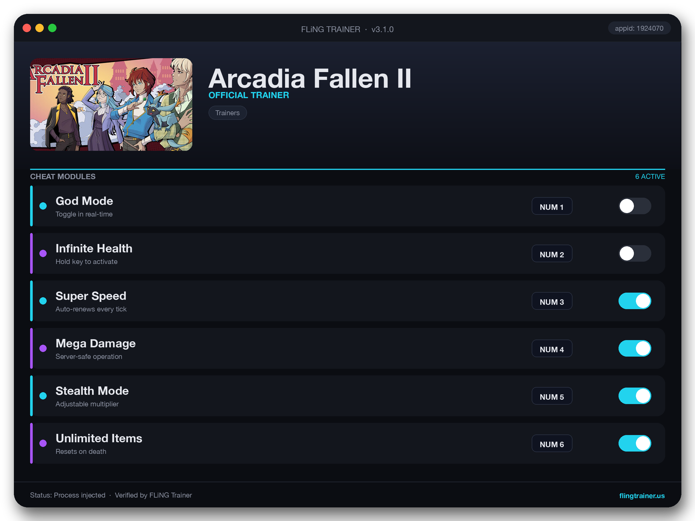 Arcadia Fallen II Trainer interface