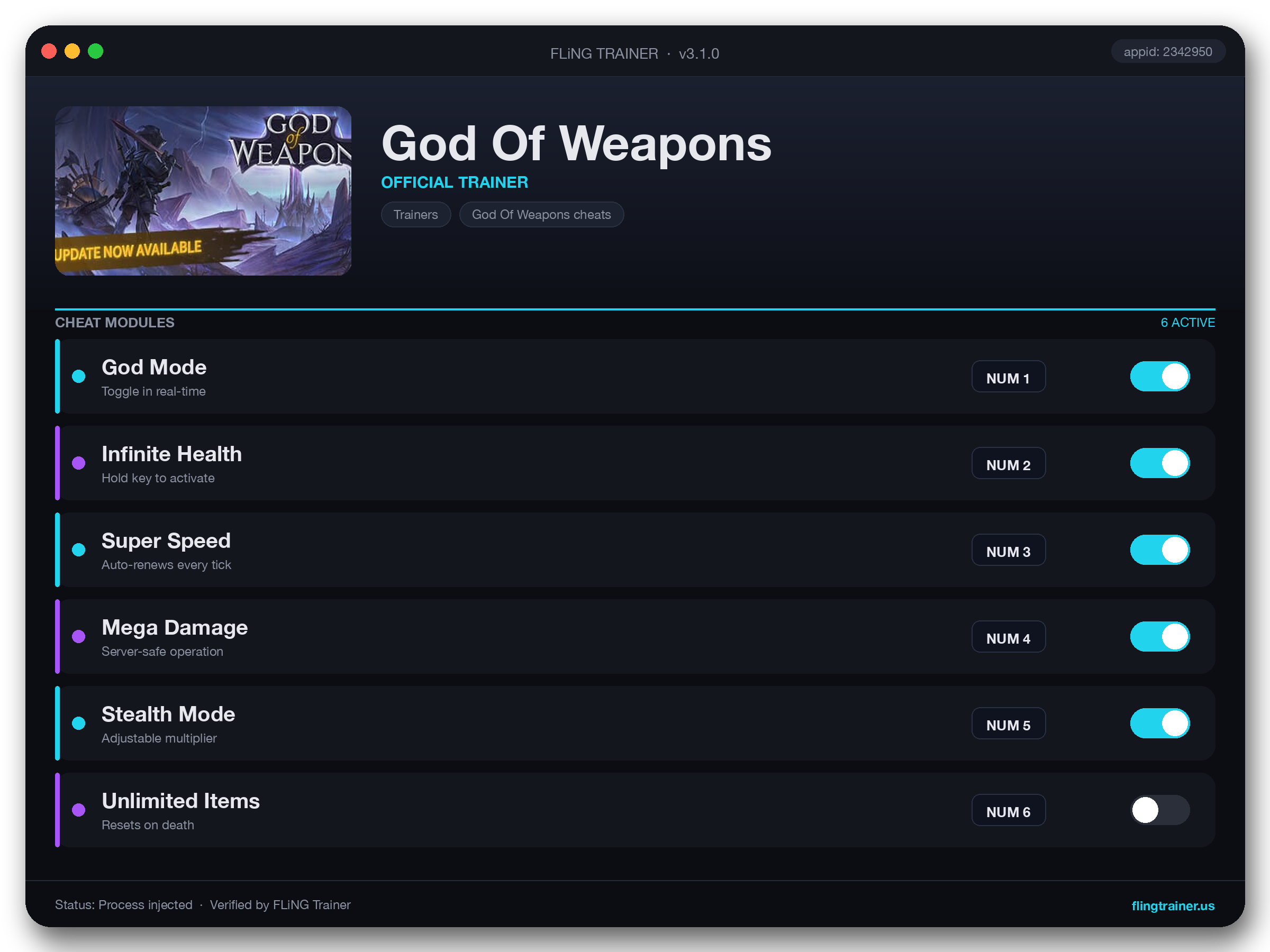 God Of Weapons Trainer interface