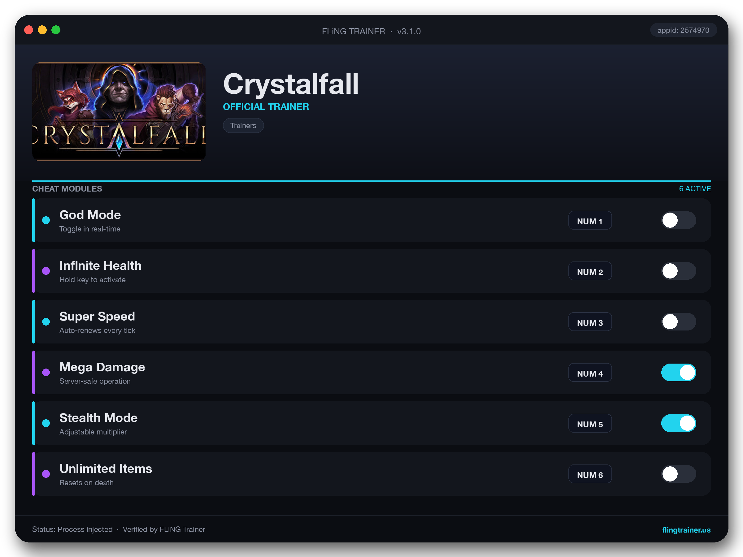 Crystalfall Trainer interface