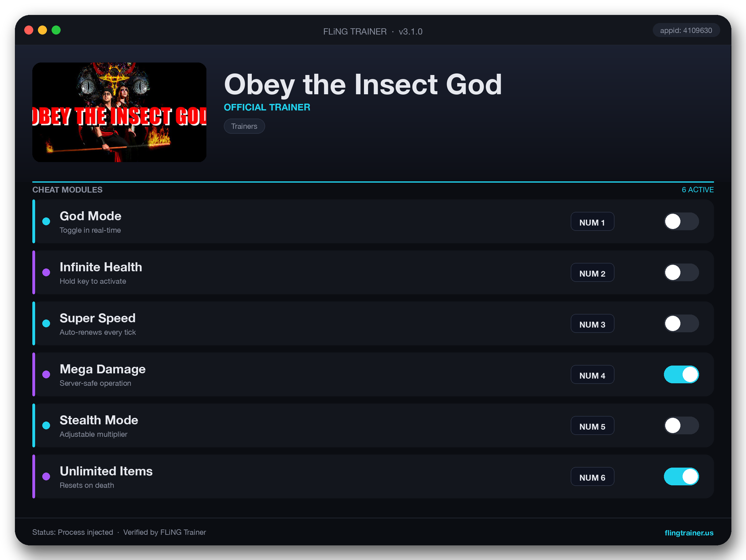 Obey the Insect God Trainer interface