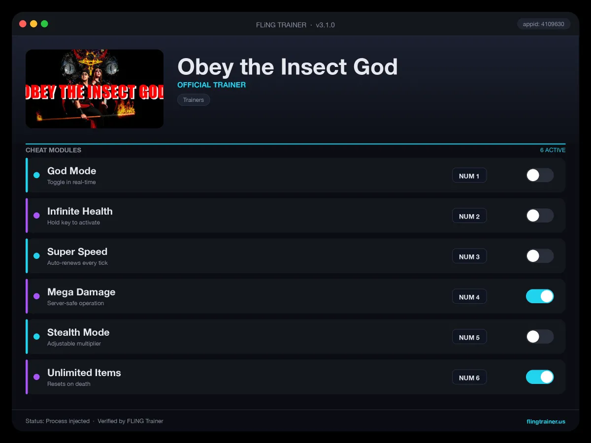 Obey the Insect God Trainer interface