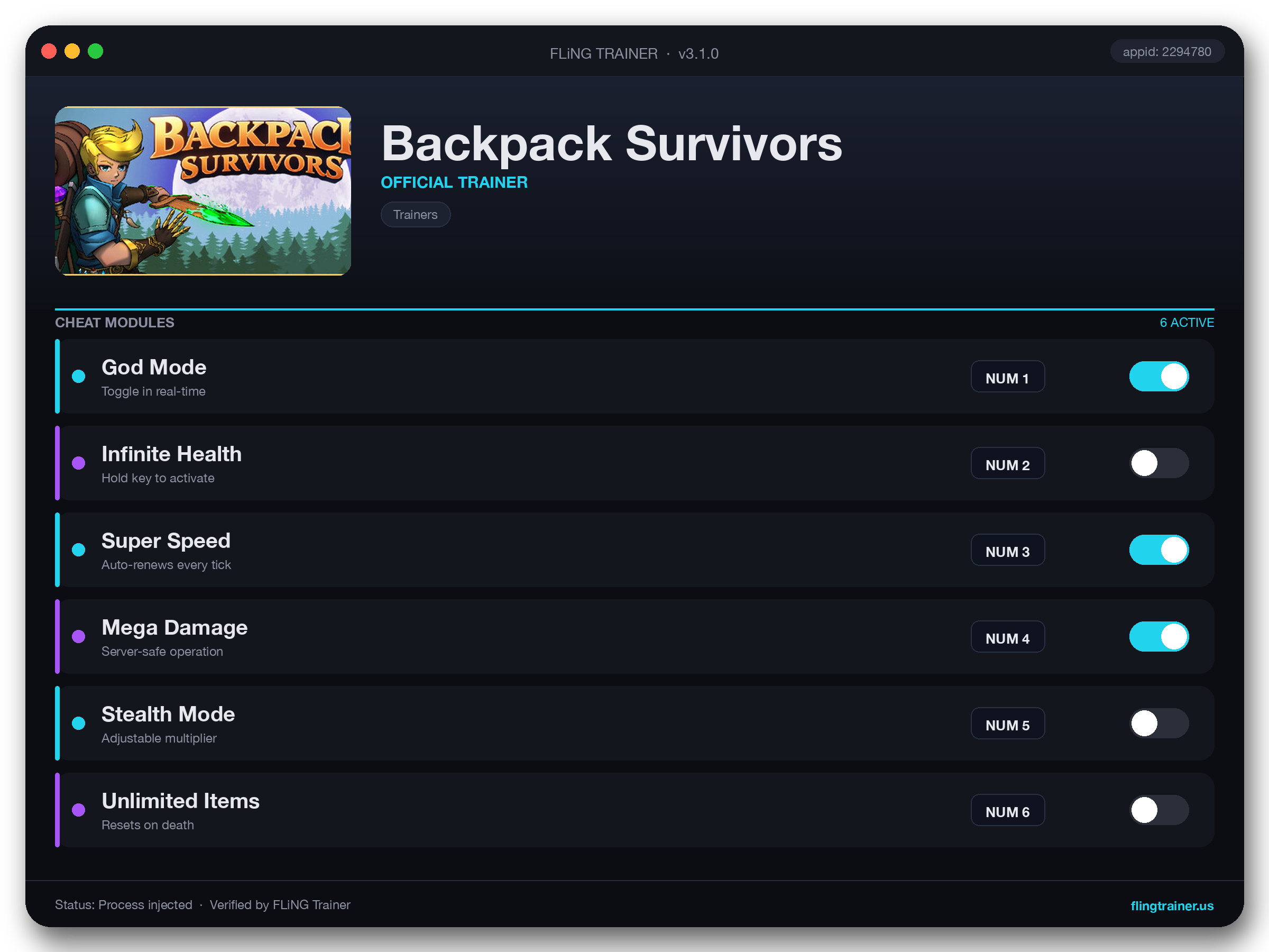 Backpack Survivors Trainer interface