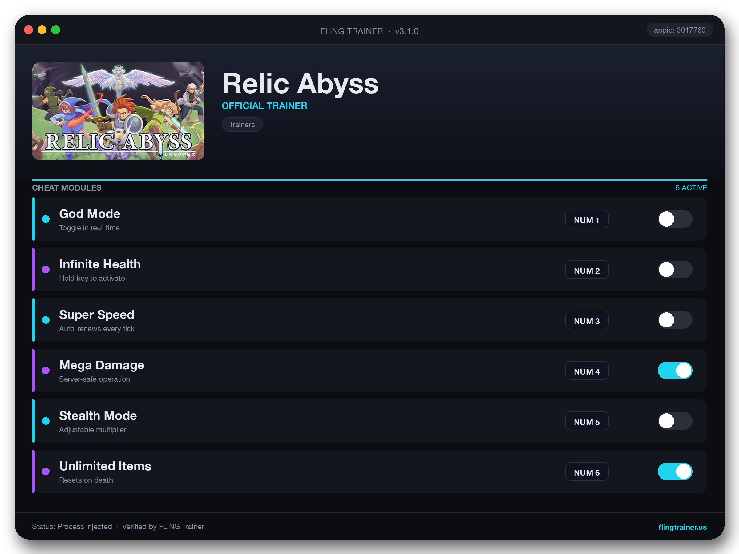 Relic Abyss Trainer interface