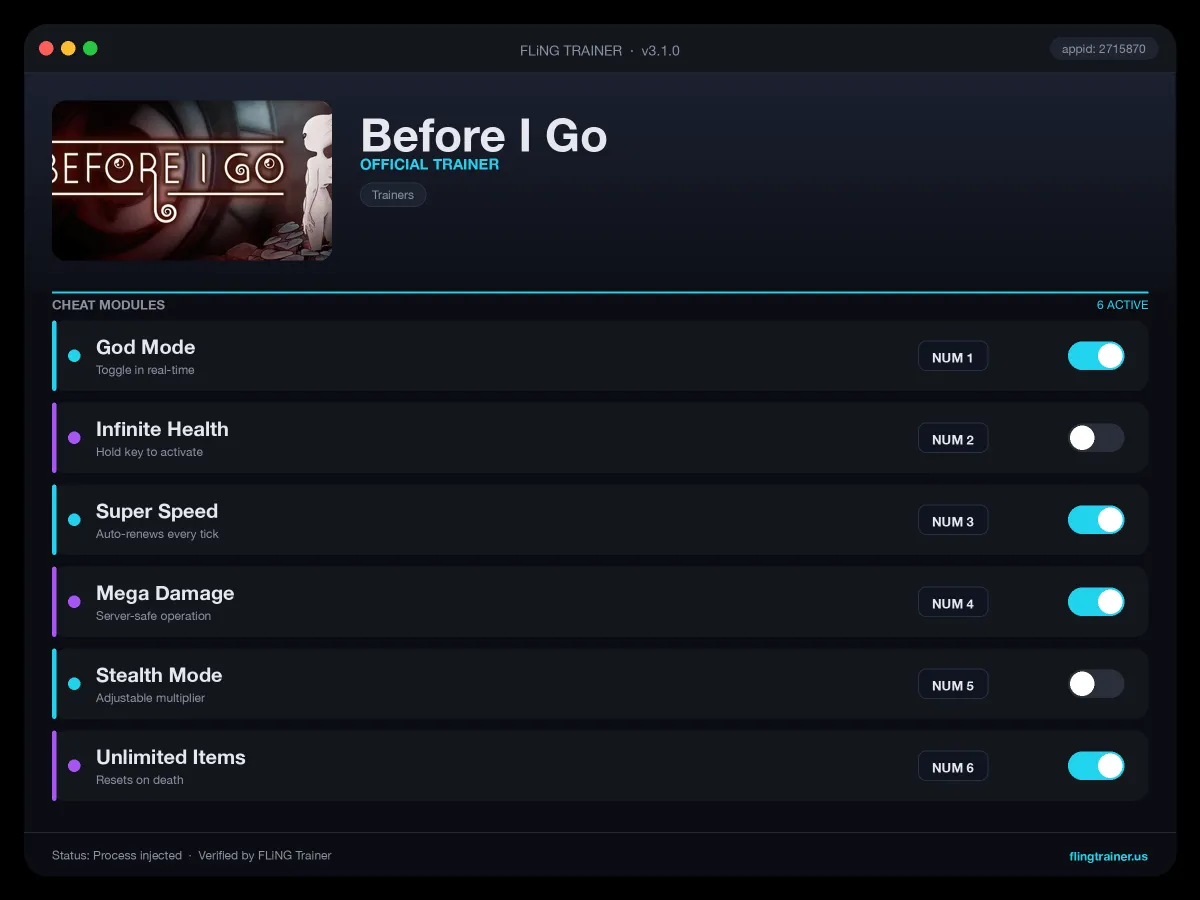 Before I Go Trainer interface