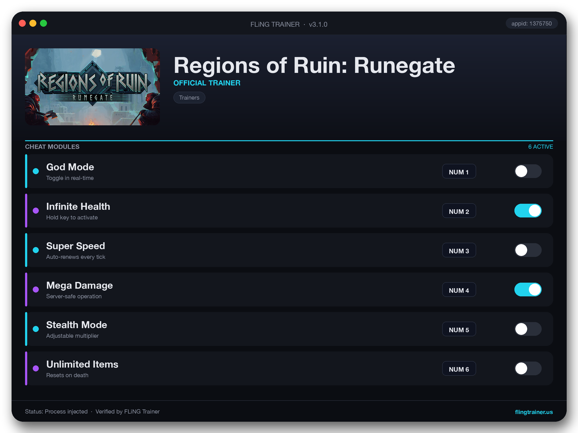 Regions of Ruin: Runegate Trainer interface