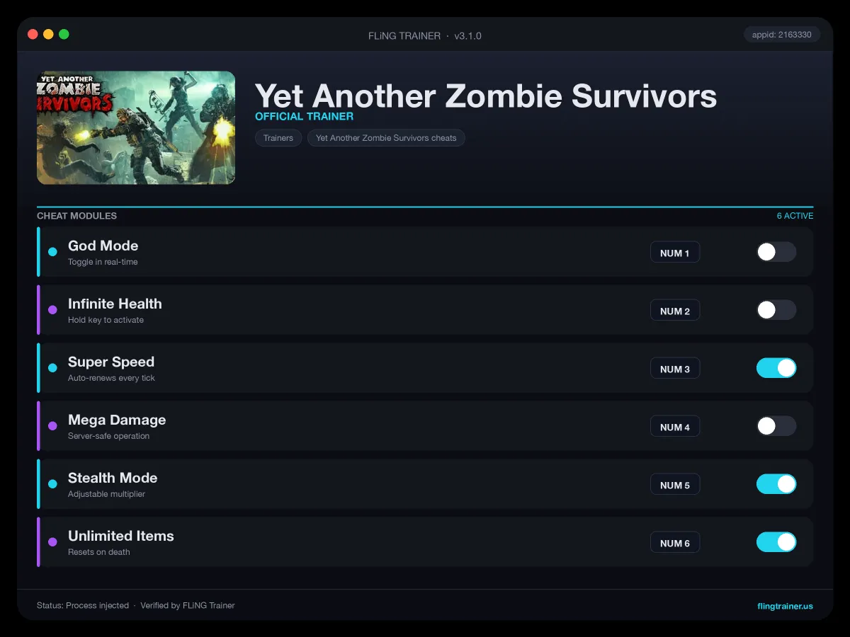 Yet Another Zombie Survivors Trainer interface