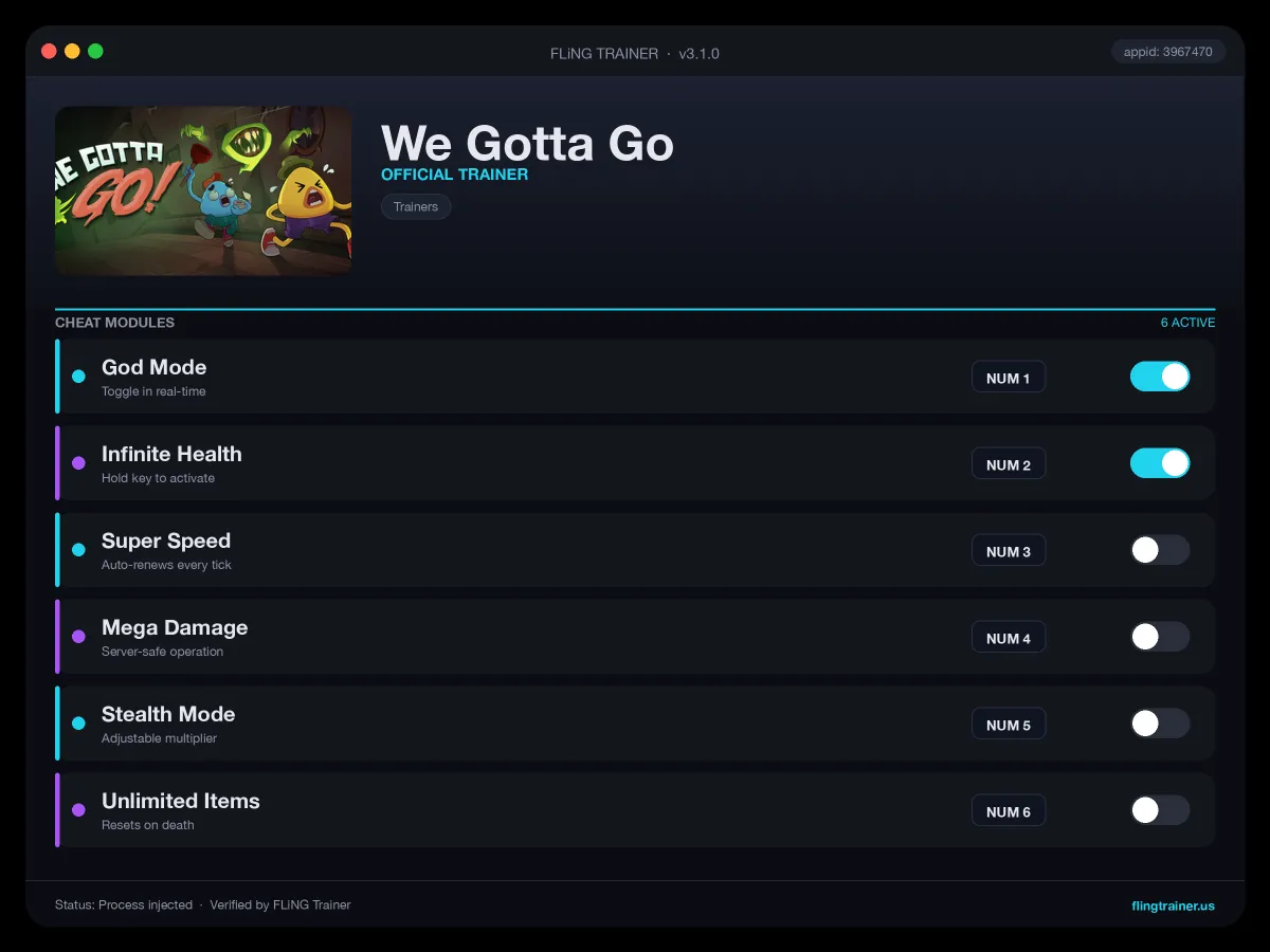 We Gotta Go Trainer interface