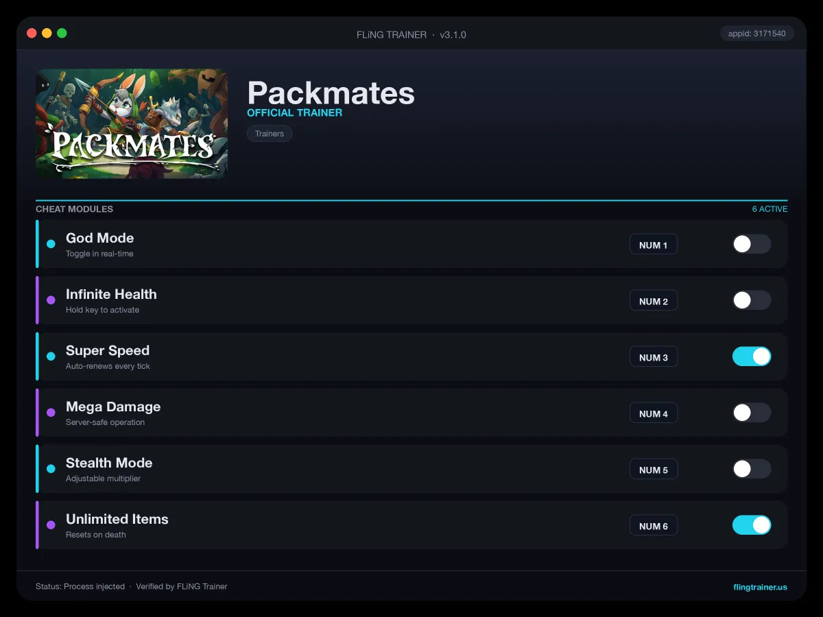 Packmates Trainer interface
