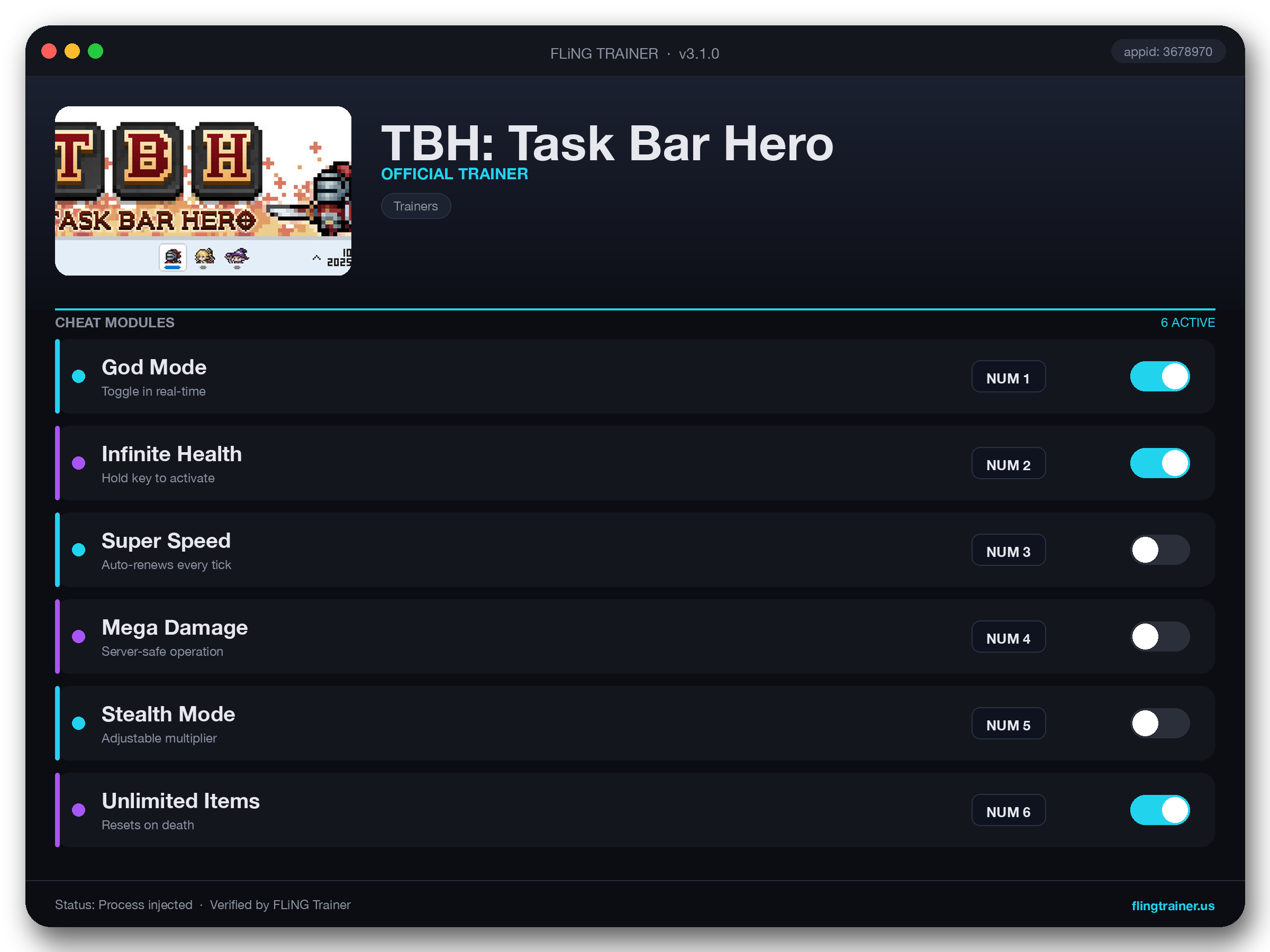 TBH: Task Bar Hero Trainer interface