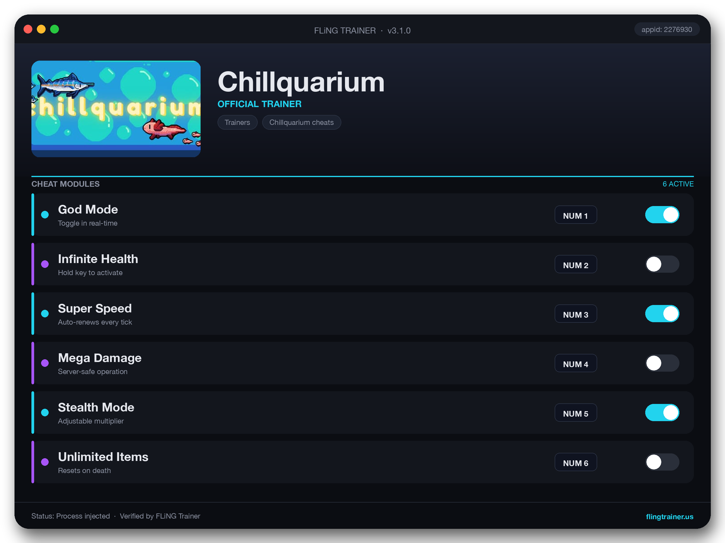 Chillquarium Trainer interface