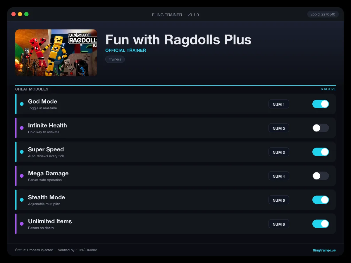 Fun with Ragdolls Plus Trainer interface
