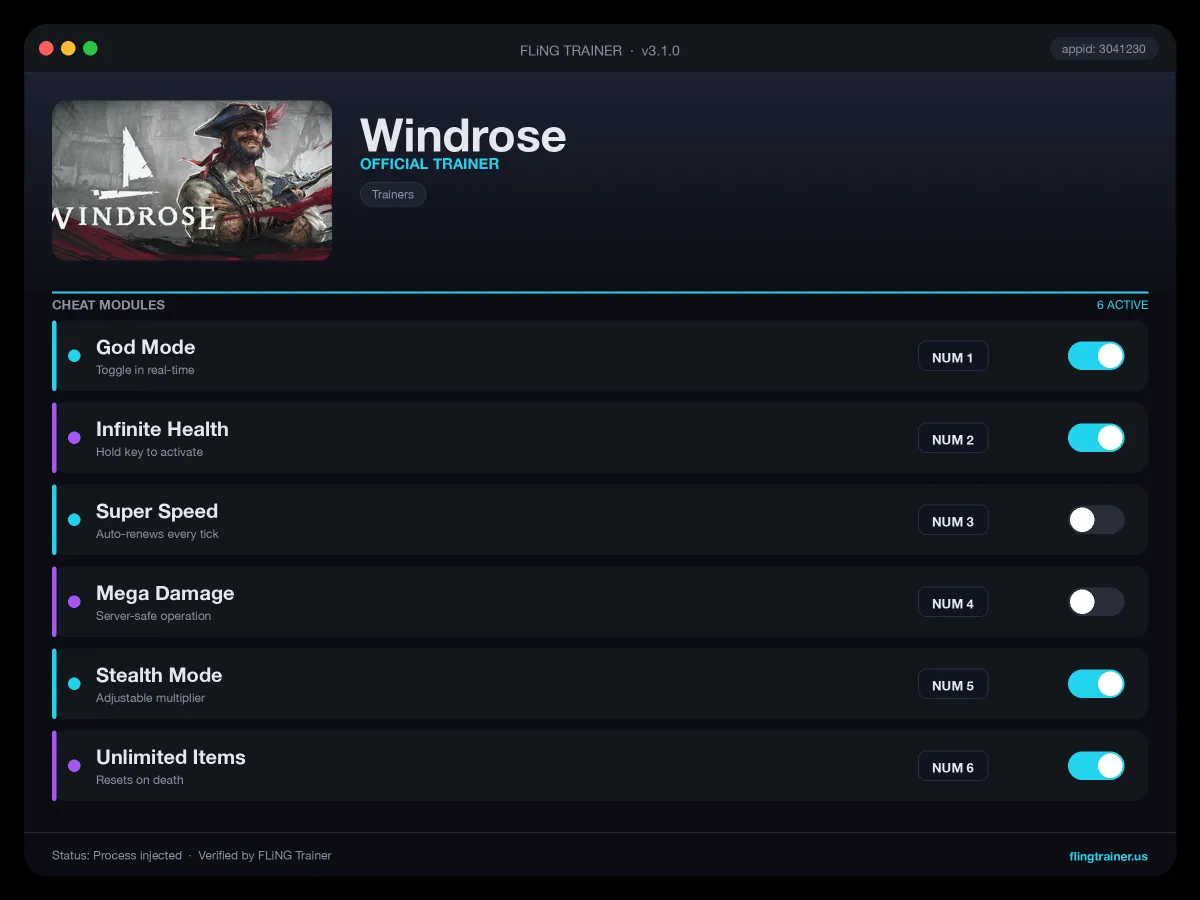 Windrose Trainer interface