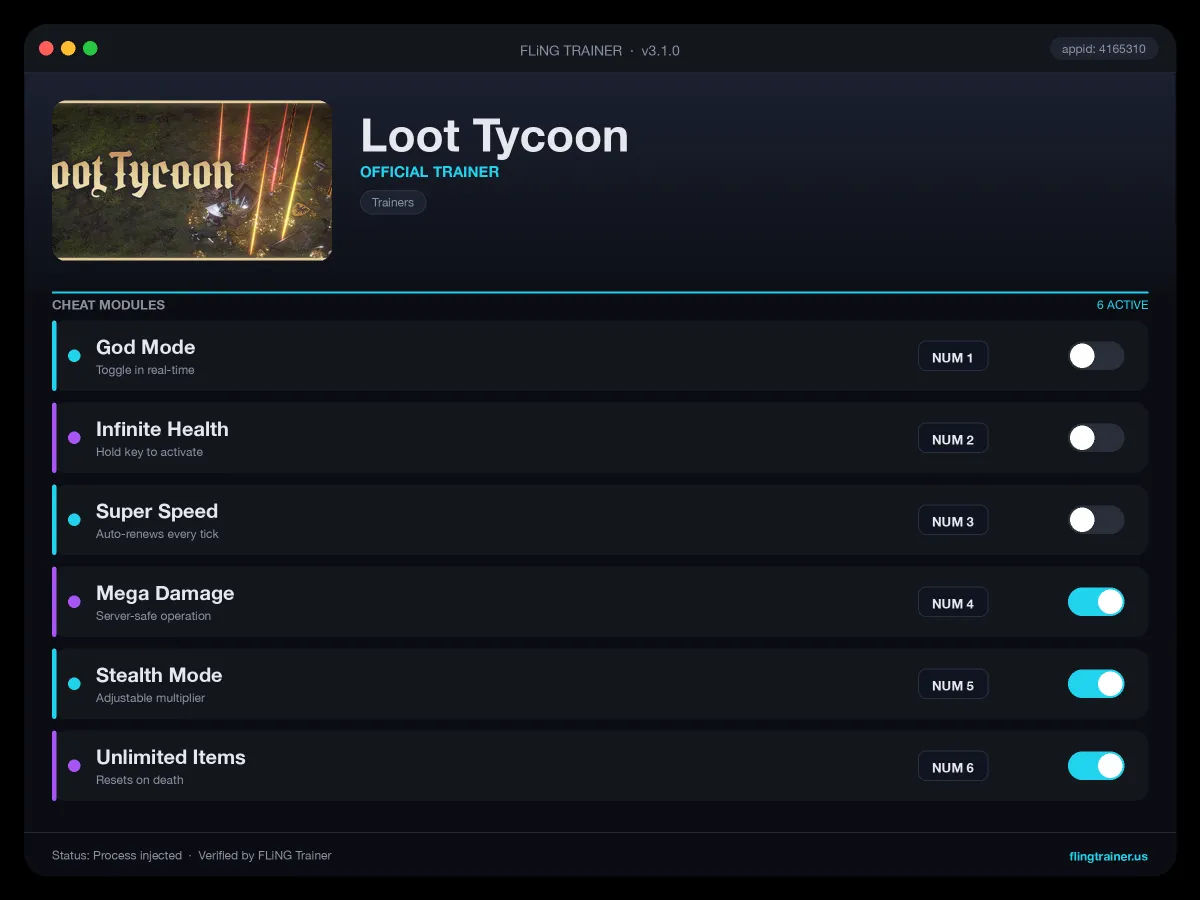 Loot Tycoon Trainer interface