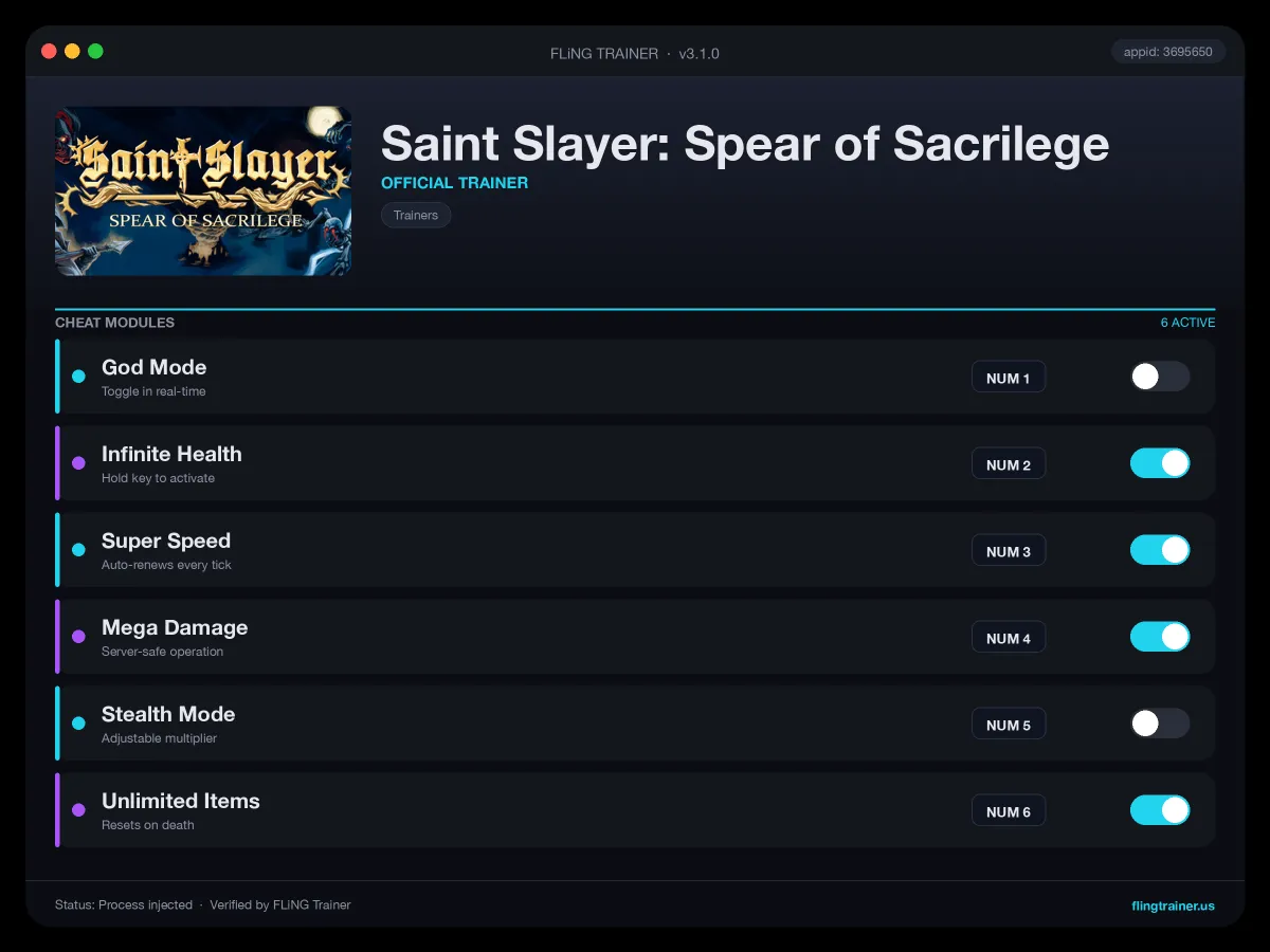 Saint Slayer: Spear of Sacrilege Trainer interface