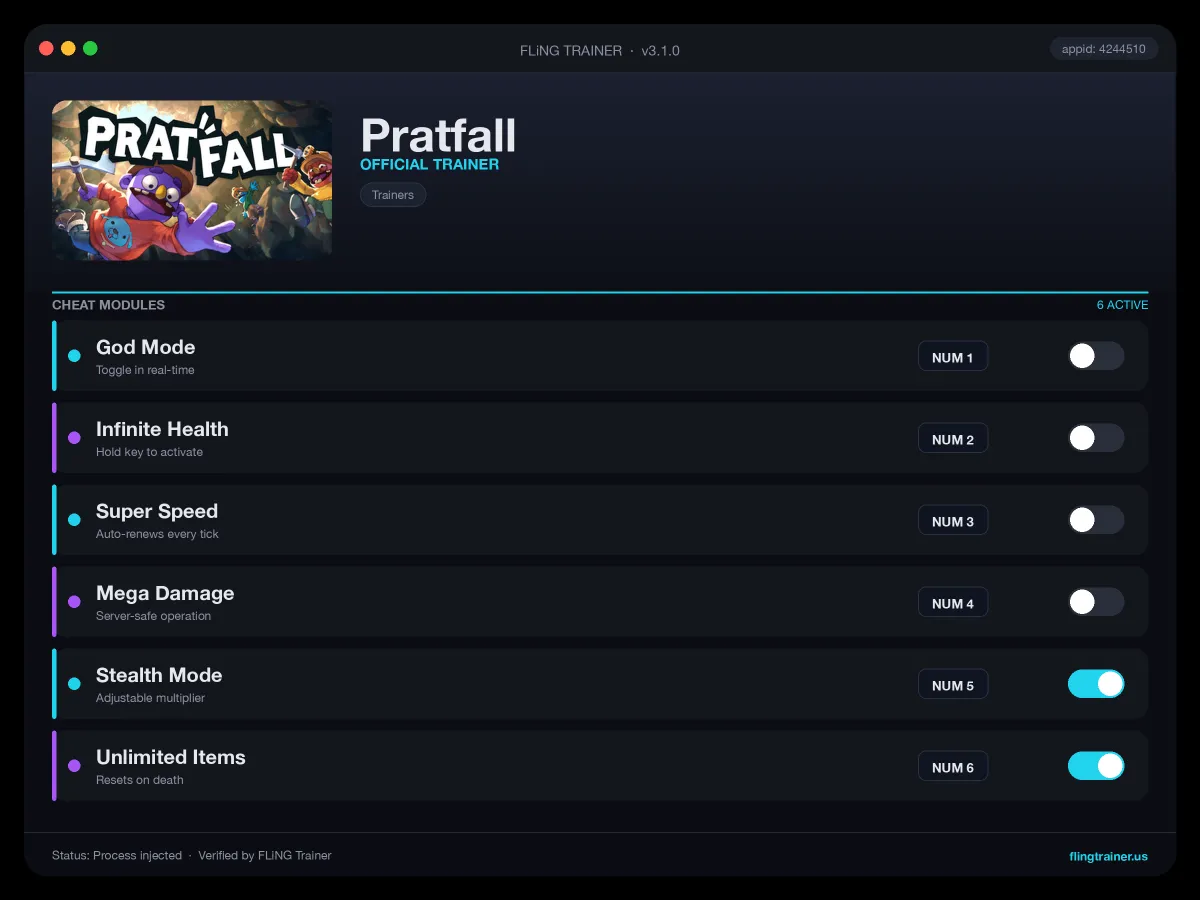 Pratfall Trainer interface