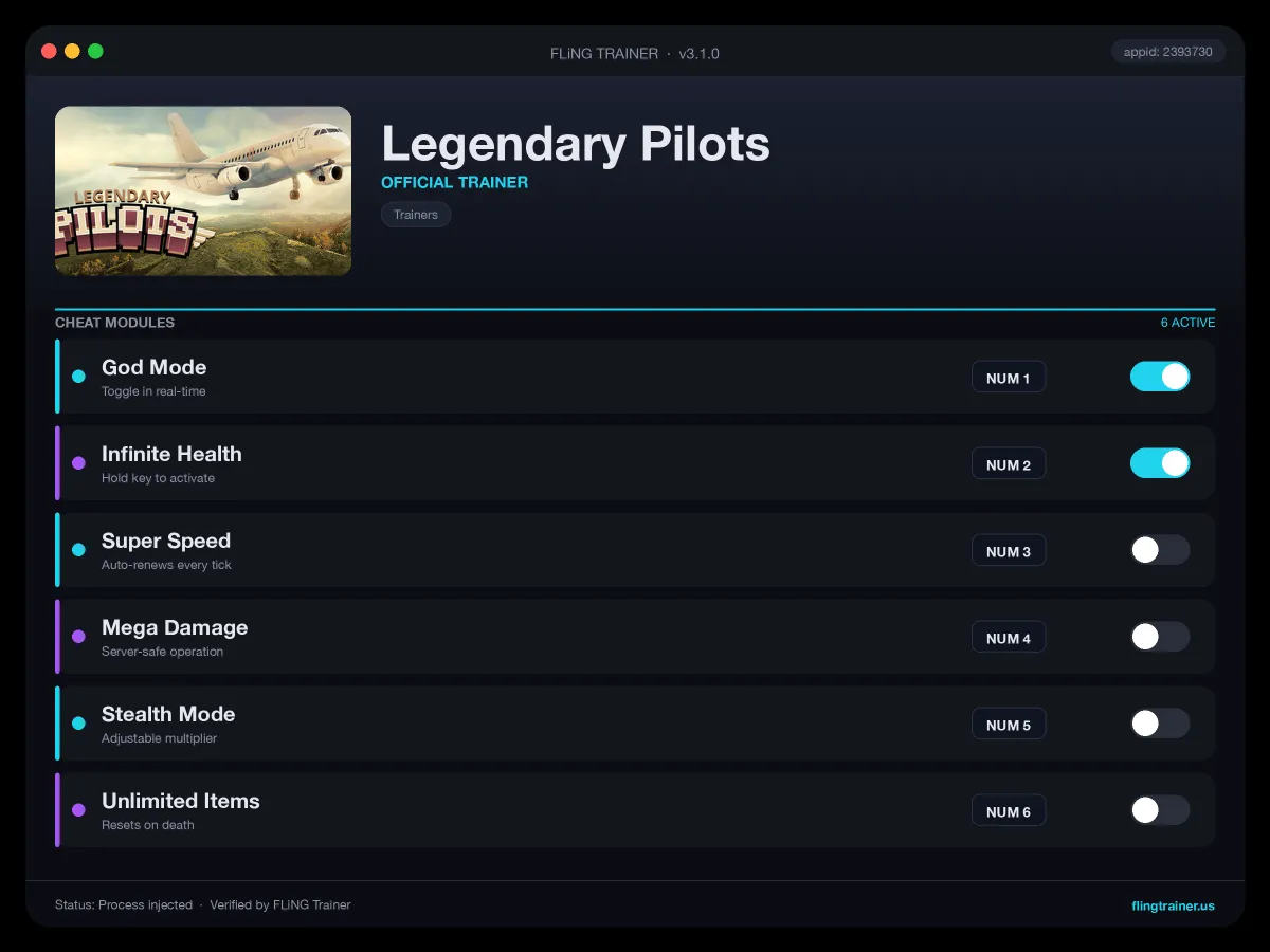Legendary Pilots Trainer interface