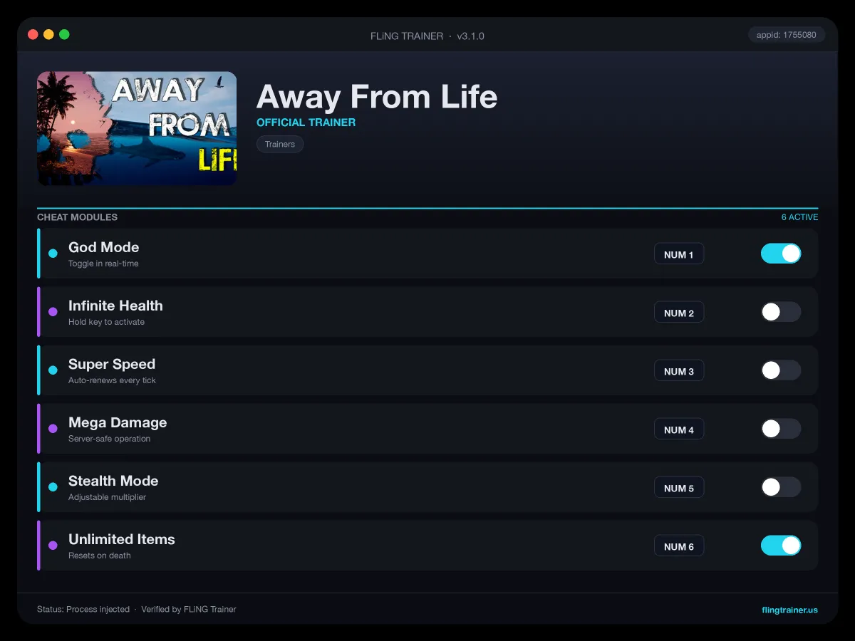 Away From Life Trainer interface