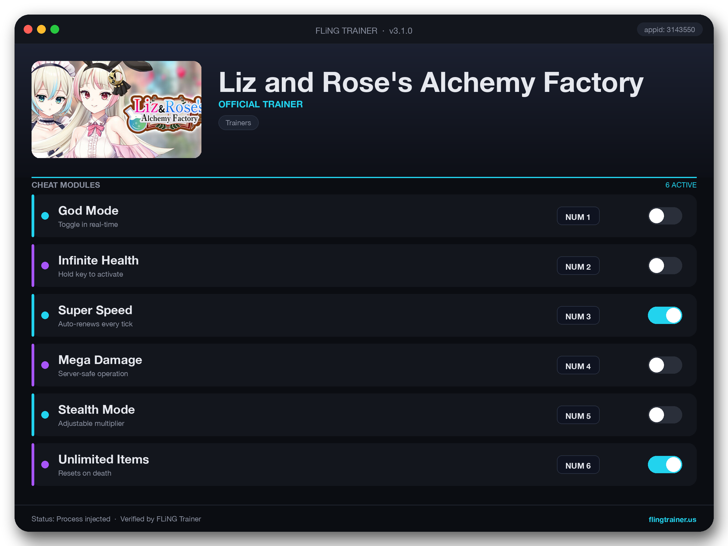 Liz and Rose's Alchemy Factory Trainer interface