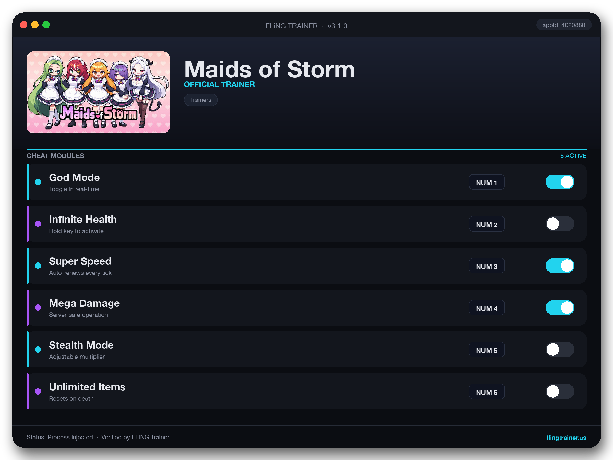 Maids of Storm Trainer interface