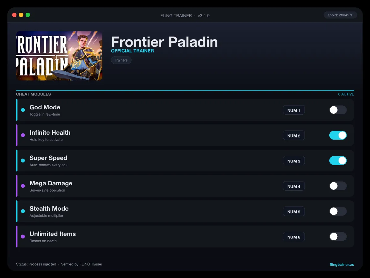Frontier Paladin Trainer interface