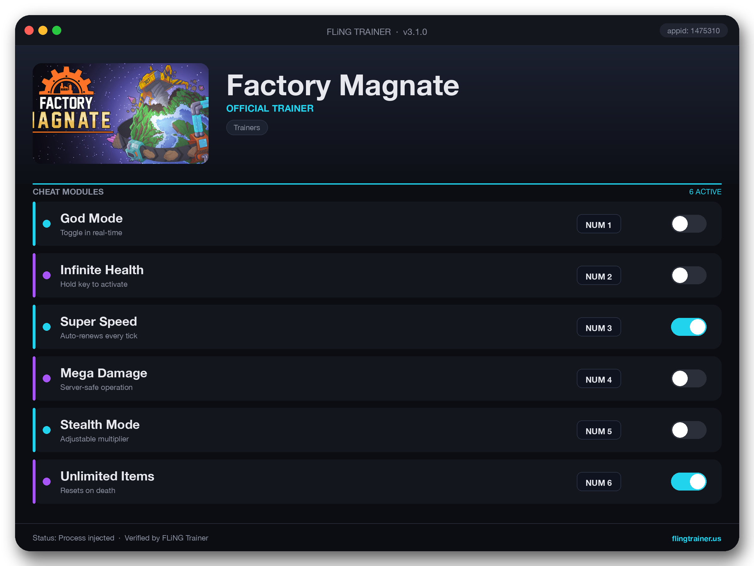 Factory Magnate Trainer interface