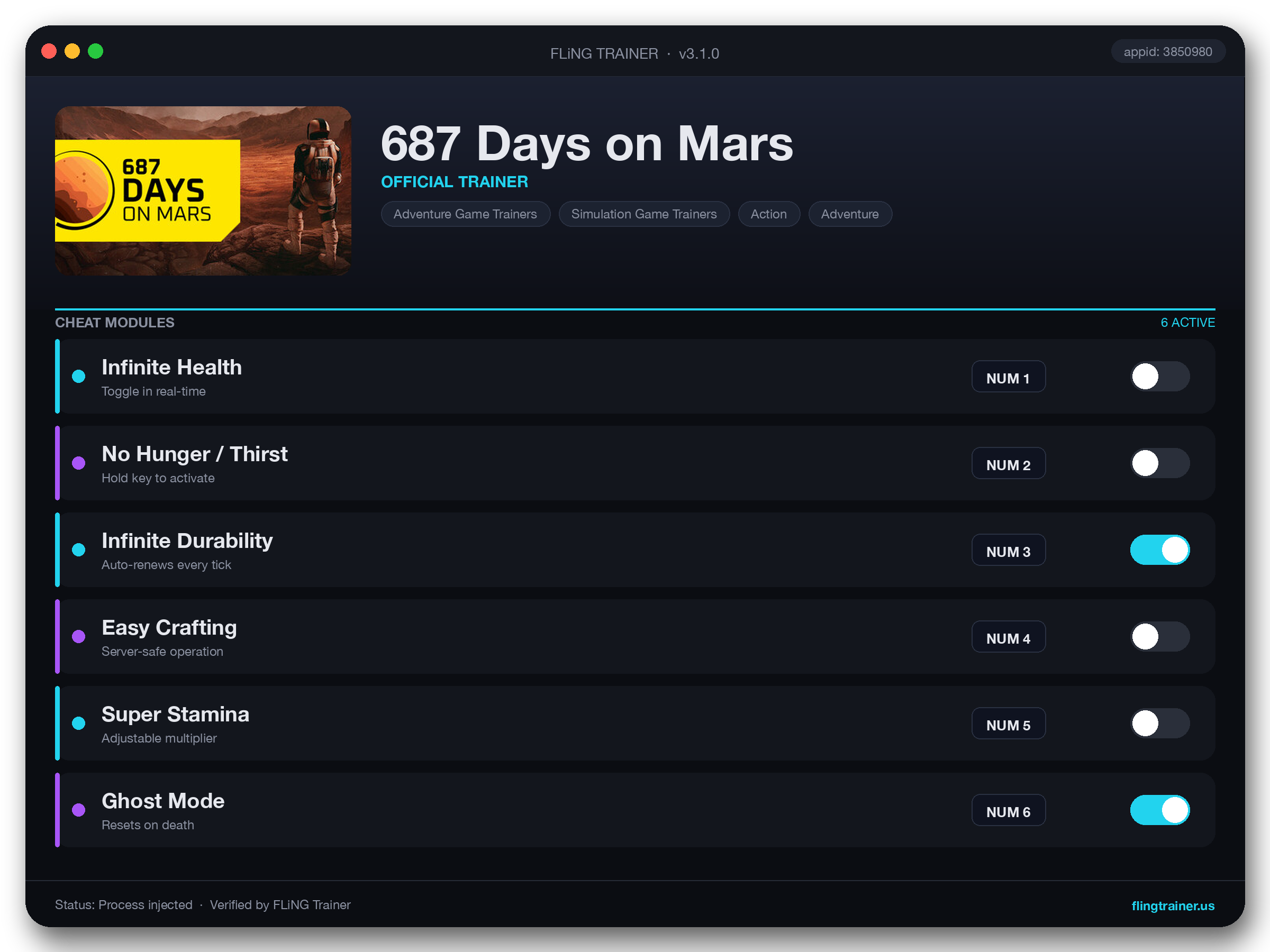 687 Days on Mars Trainer interface