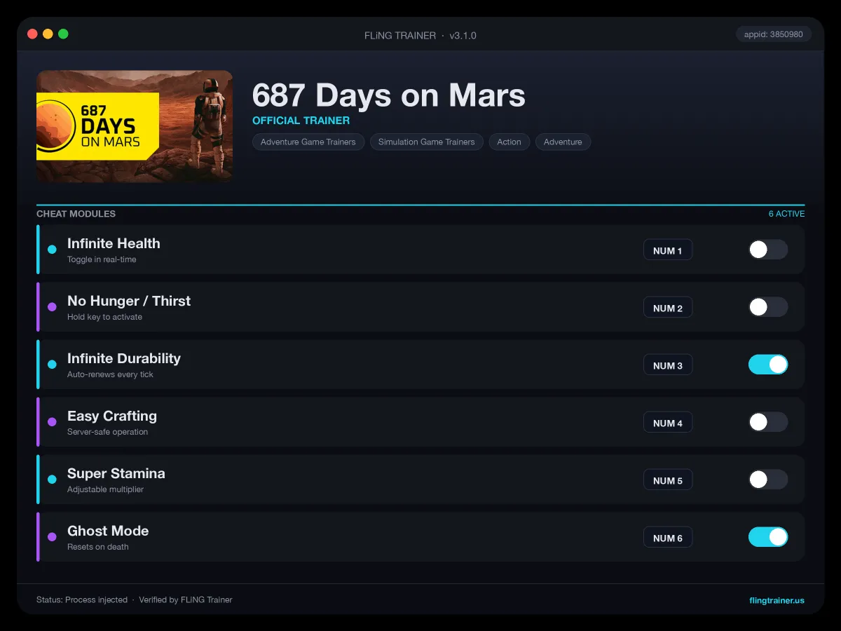 687 Days on Mars Trainer interface