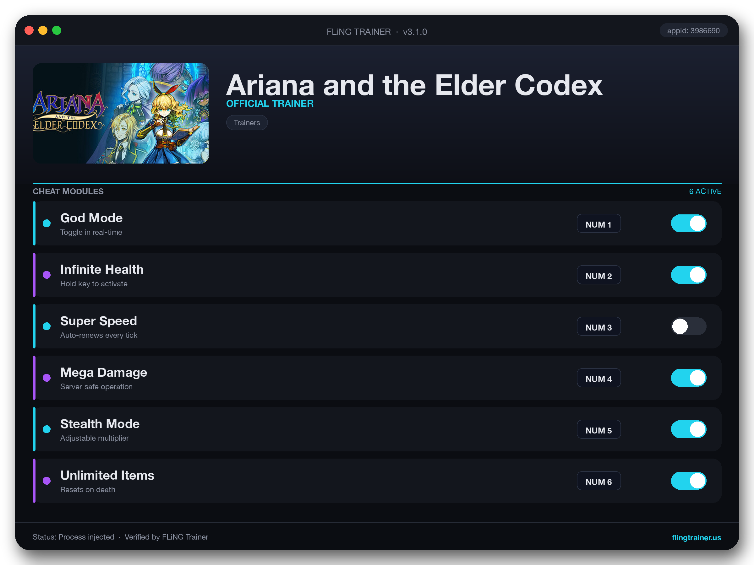 Ariana and the Elder Codex Trainer interface