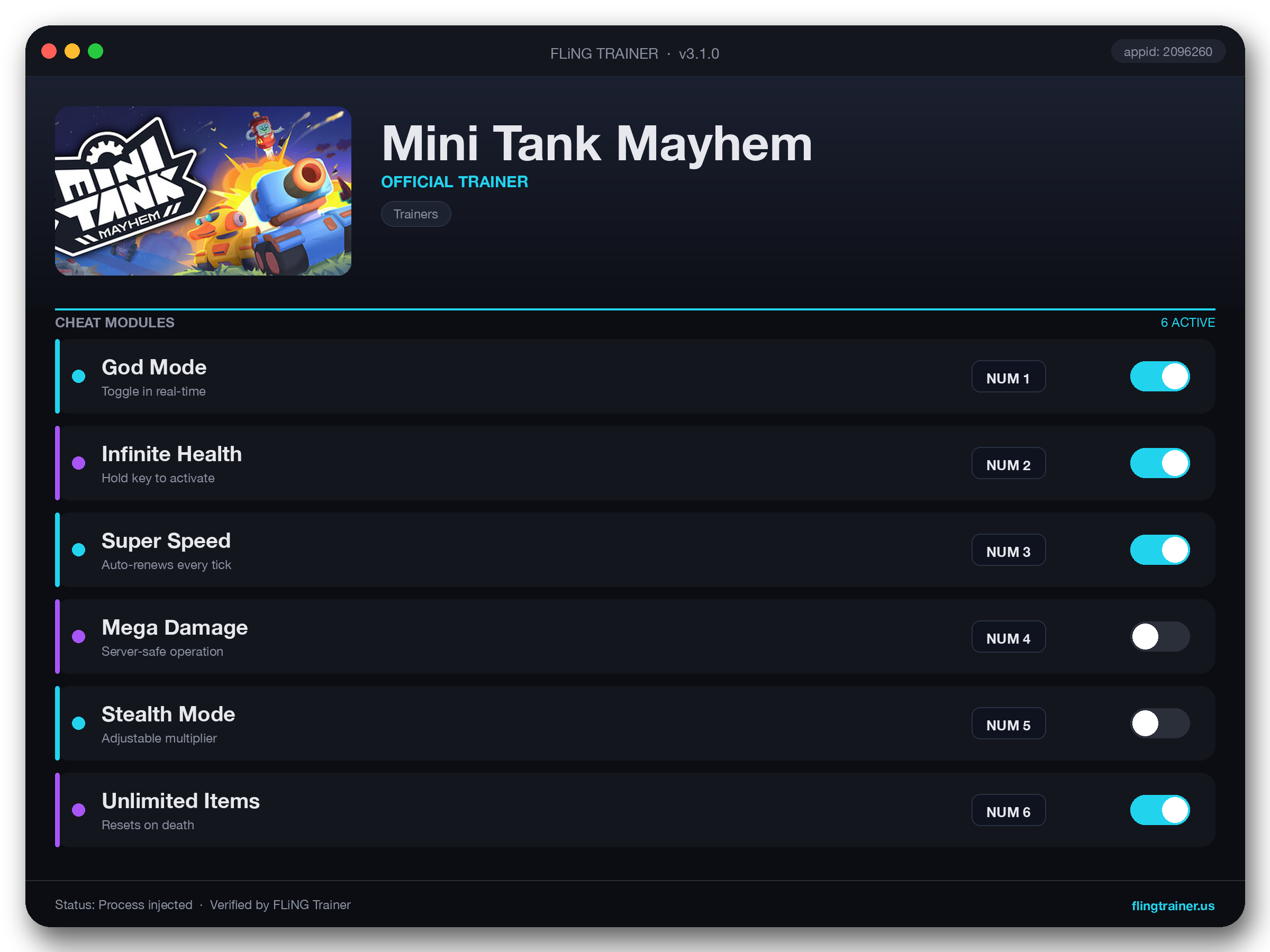 Mini Tank Mayhem Trainer interface
