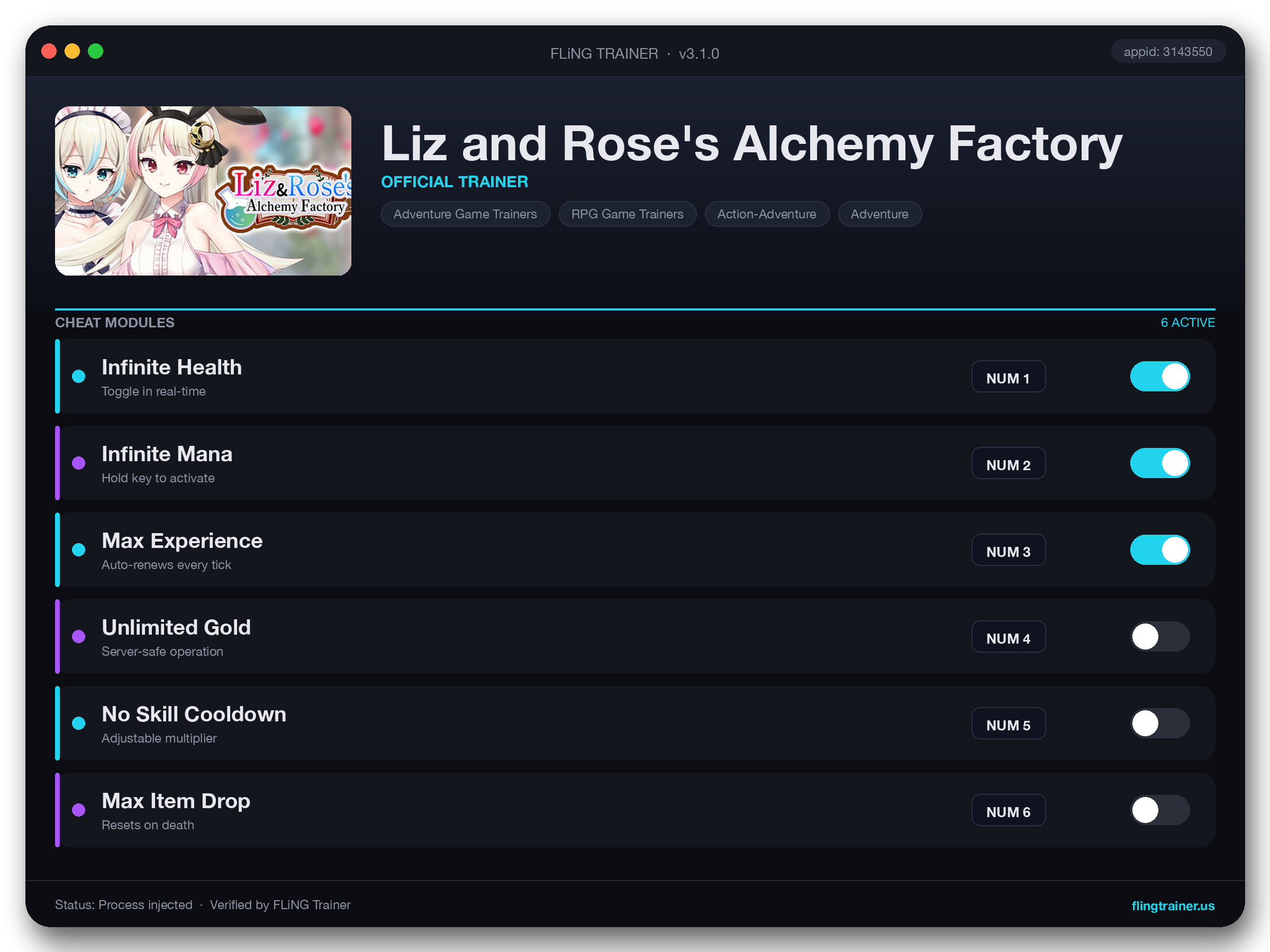 Liz and Rose's Alchemy Factory Trainer interface