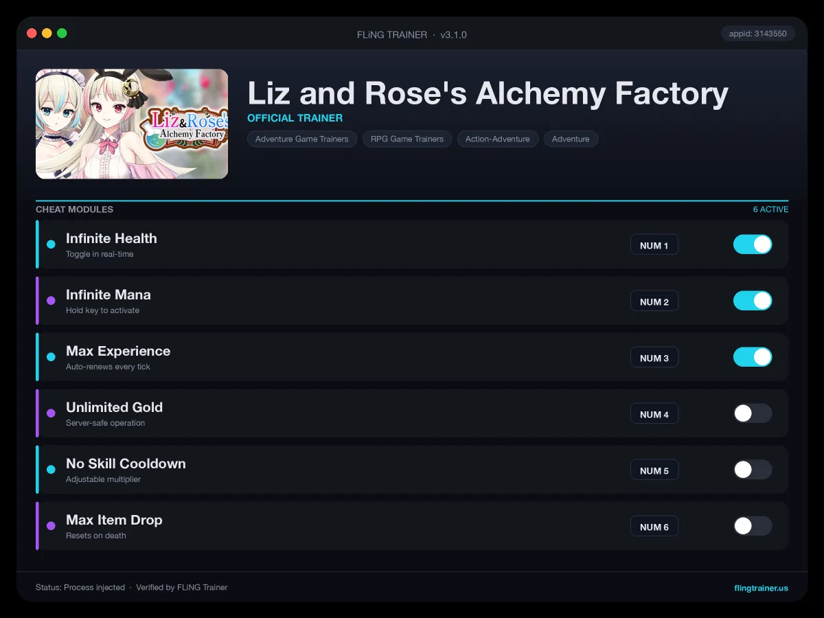 Liz and Rose's Alchemy Factory Trainer interface