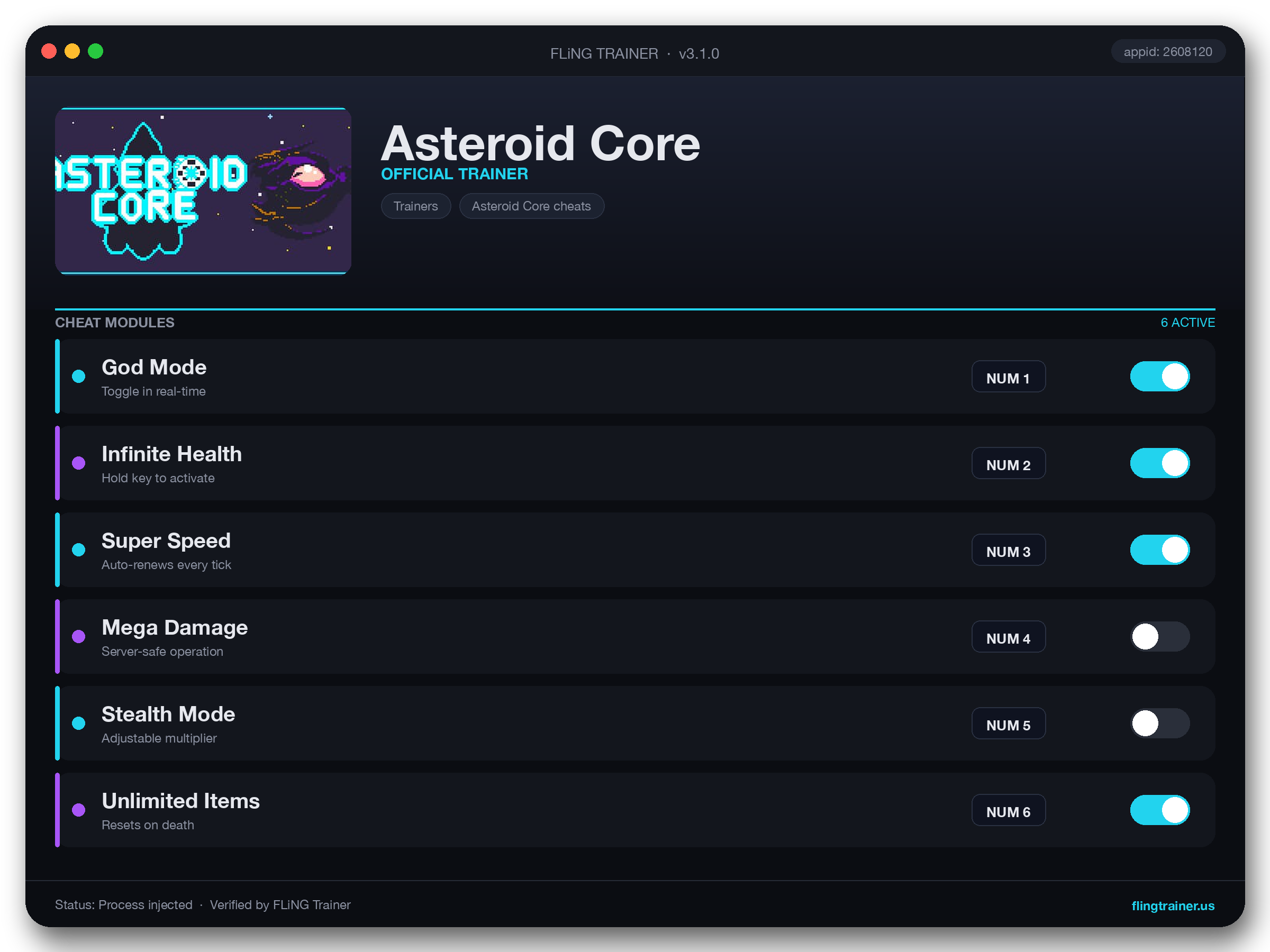 Asteroid Core Trainer interface