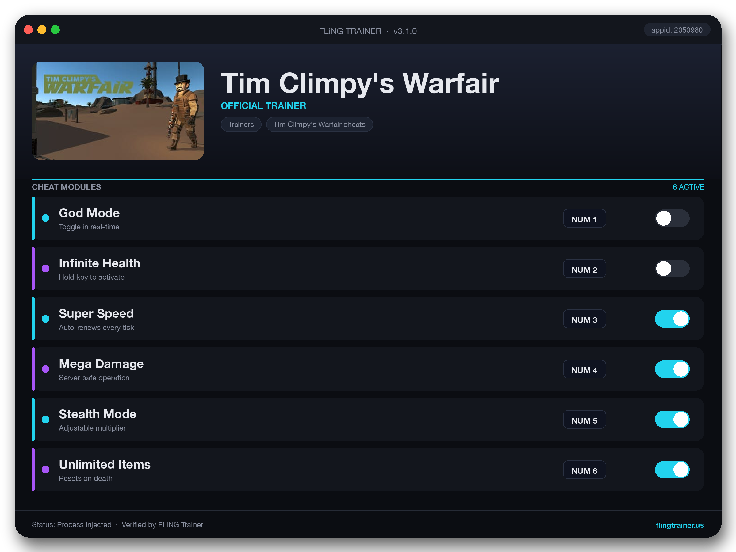 Tim Climpy's Warfair Trainer interface