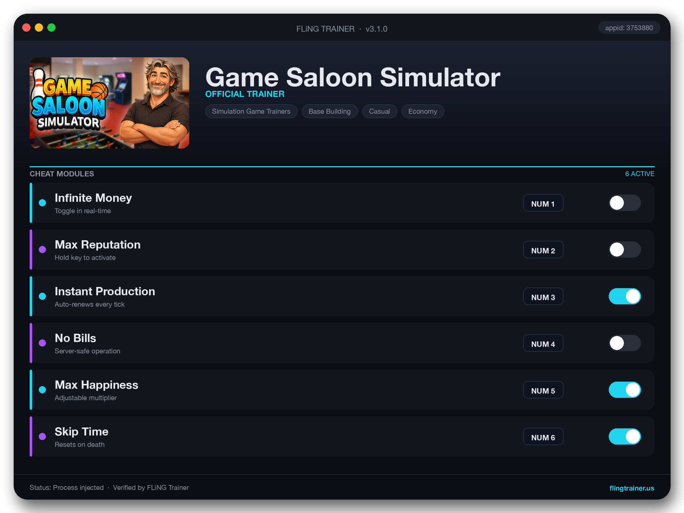 Game Saloon Simulator Trainer interface