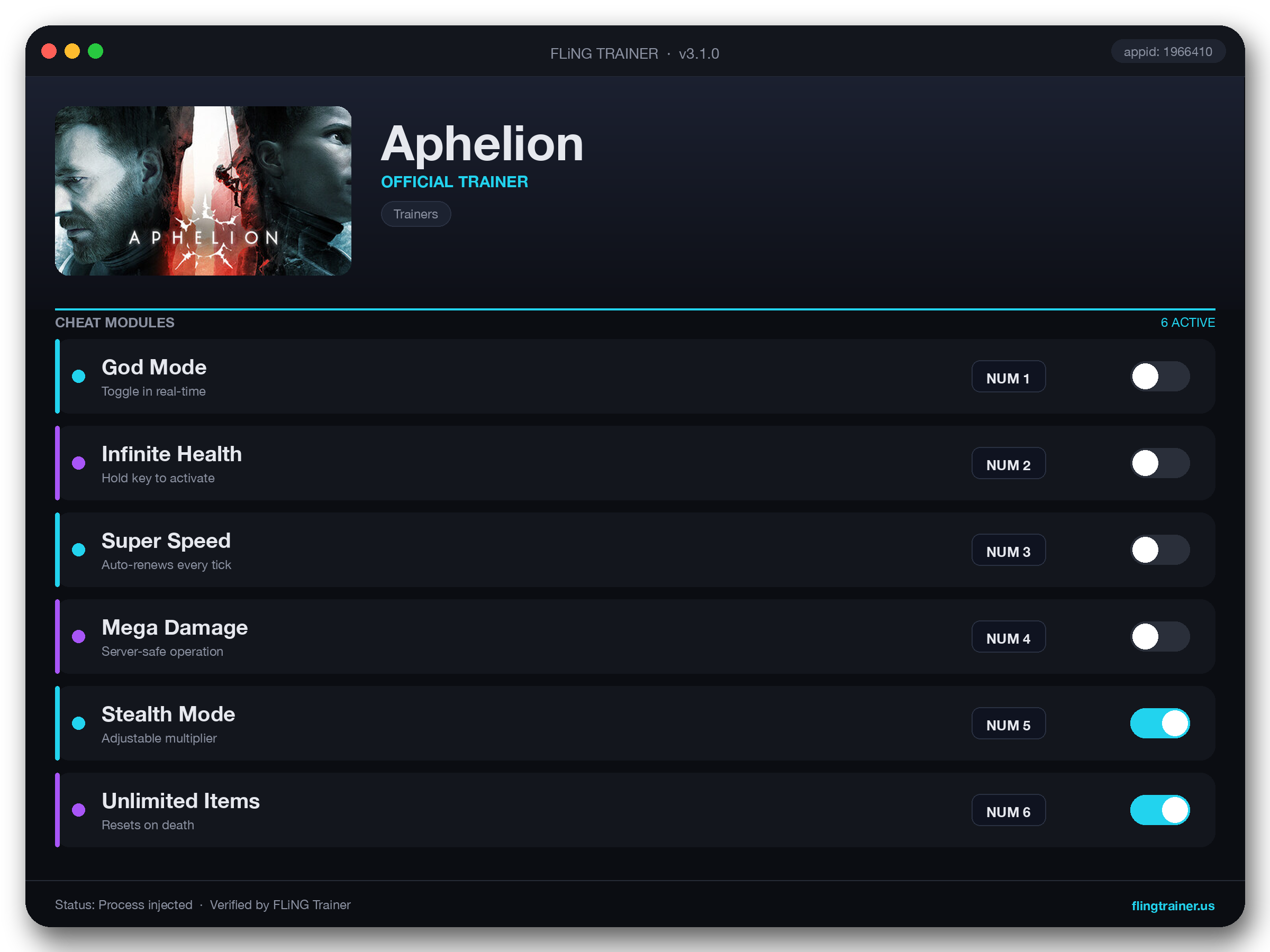 Aphelion Trainer interface