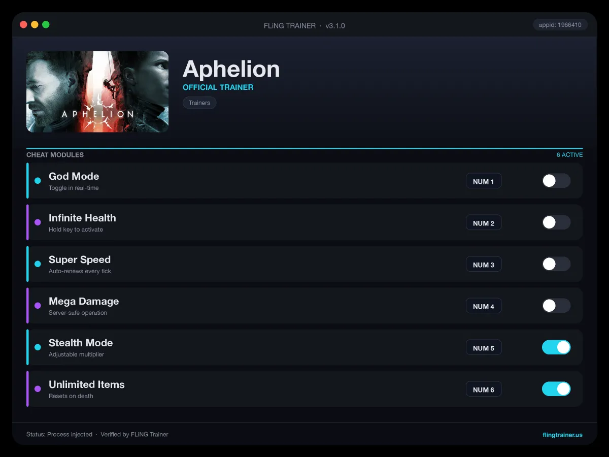 Aphelion Trainer interface