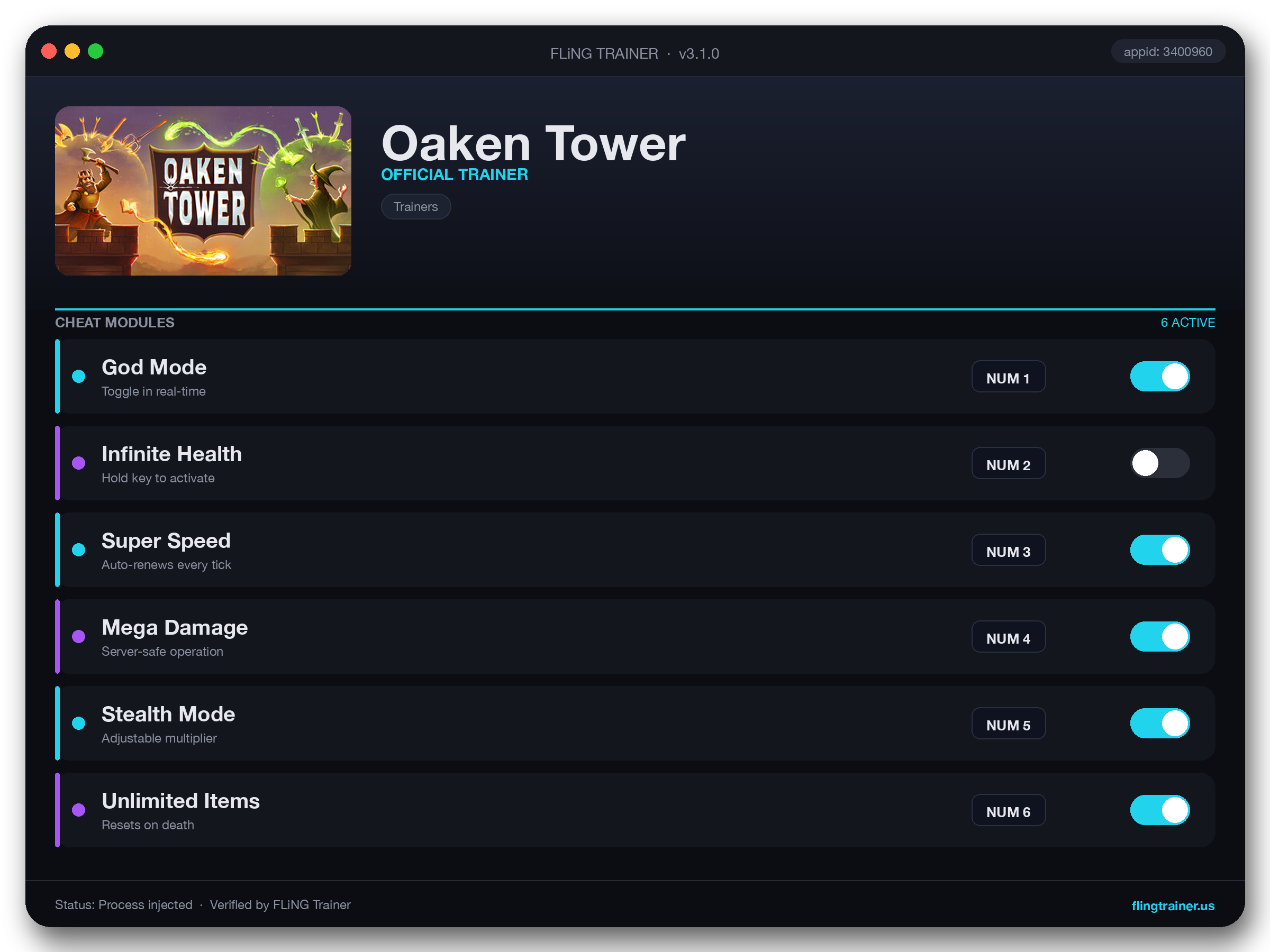 Oaken Tower Trainer interface