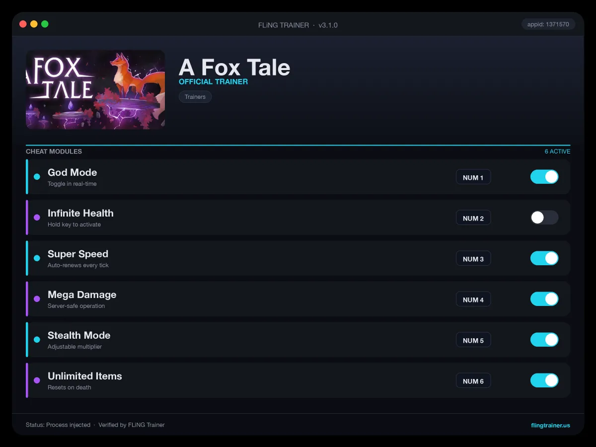 A Fox Tale Trainer interface